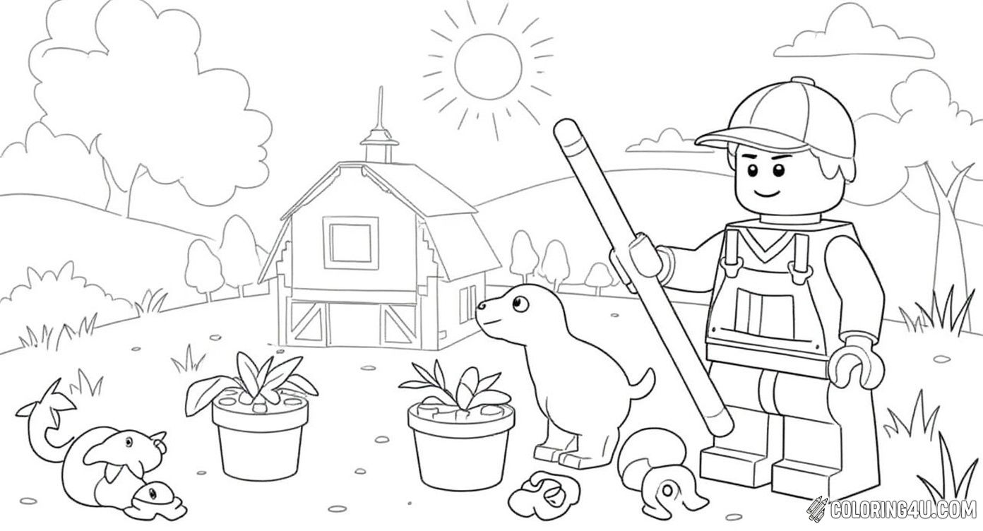 Step into a peaceful farm scene with a LEGO farmer tending the land surrounded by friendly LEGO animals and a cozy barn. This coloring page invites kids to add vibrant colors to the countryside and bring this charming outdoor world to life. [source: Pinterest]