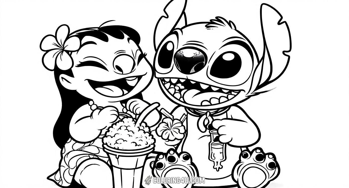 This delightful coloring page shows Lilo and Stitch from 'Lilo & Stitch' sharing a joyful moment together. Both characters are smiling and holding tropical drinks, surrounded by cute details like flowers. It's a heartwarming scene that encourages kids to color and celebrate friendship and fun times.
