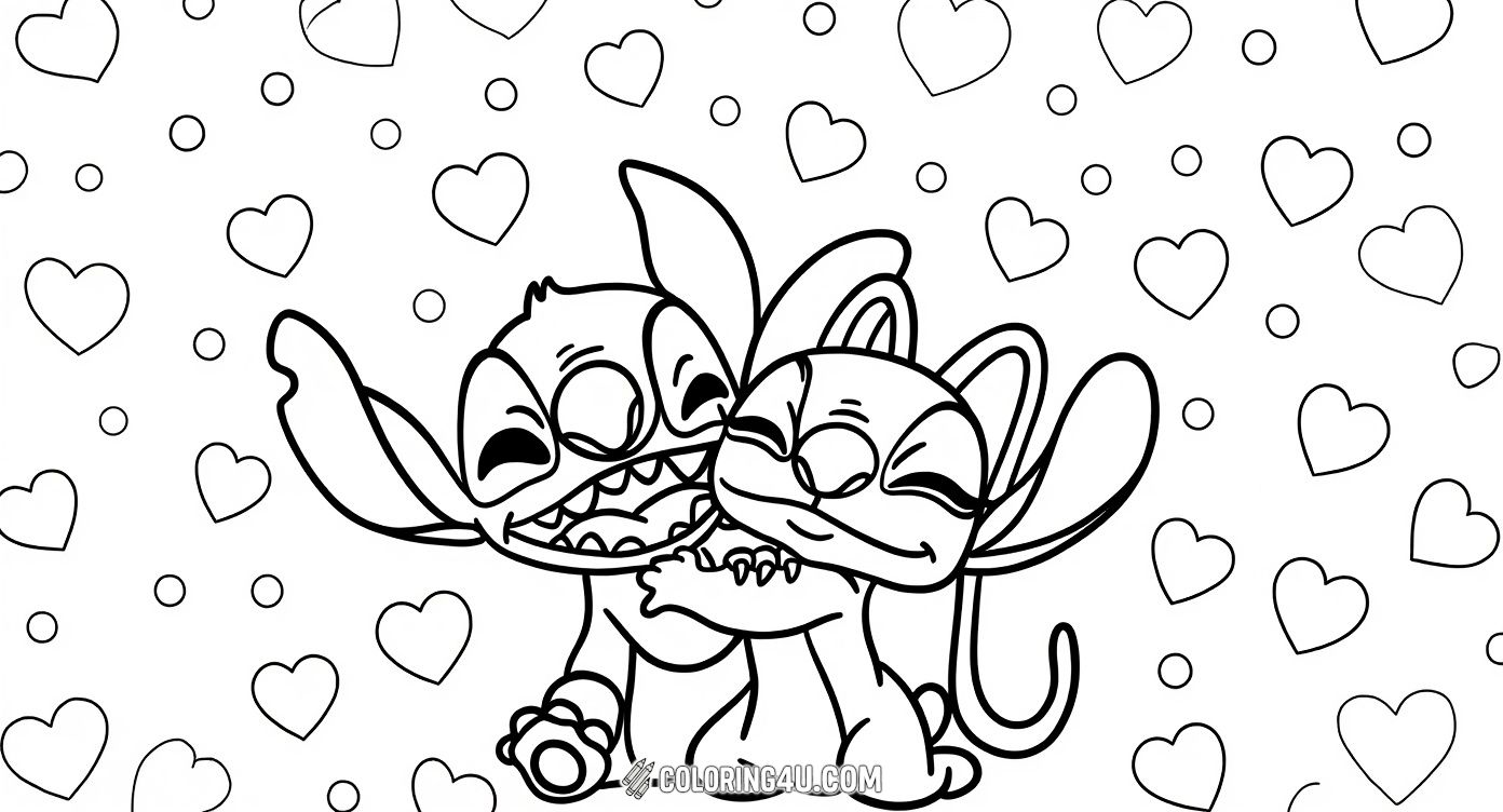 Color this heartwarming scene where Stitch and Angel share a big, happy hug surrounded by floating hearts! Perfect for kids who adore these charming characters from Lilo and Stitch, this coloring page is full of love and friendship, inviting little artists to brighten the day with vibrant colors and bring the affectionate moment to life.