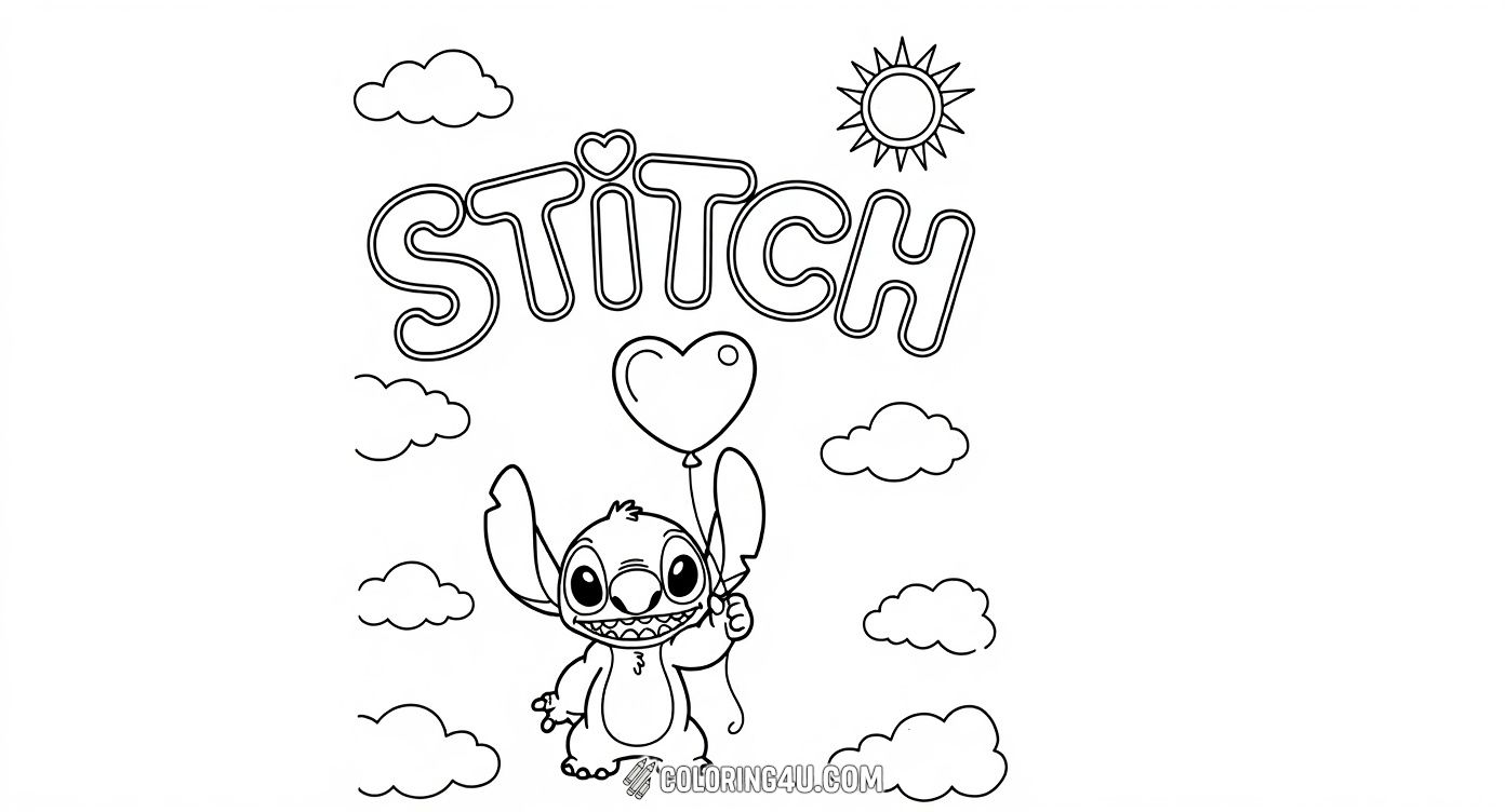 This adorable coloring page features Stitch from the beloved movie 'Lilo & Stitch' holding a heart-shaped balloon. Surrounded by fluffy clouds and a shining sun, this image is perfect for kids to add their favorite colors and express their creativity with this cute and cheerful scene.