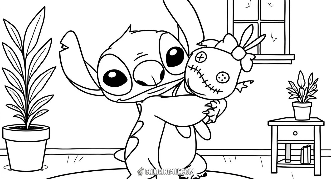 In this fun coloring page, Stitch, the lovable alien from 'Lilo & Stitch', is happily hugging Scrump, the handmade rag doll. The cozy room background with various details invites children to bring the scene to life with bright colors and make the friendship between Stitch and Scrump even more special.