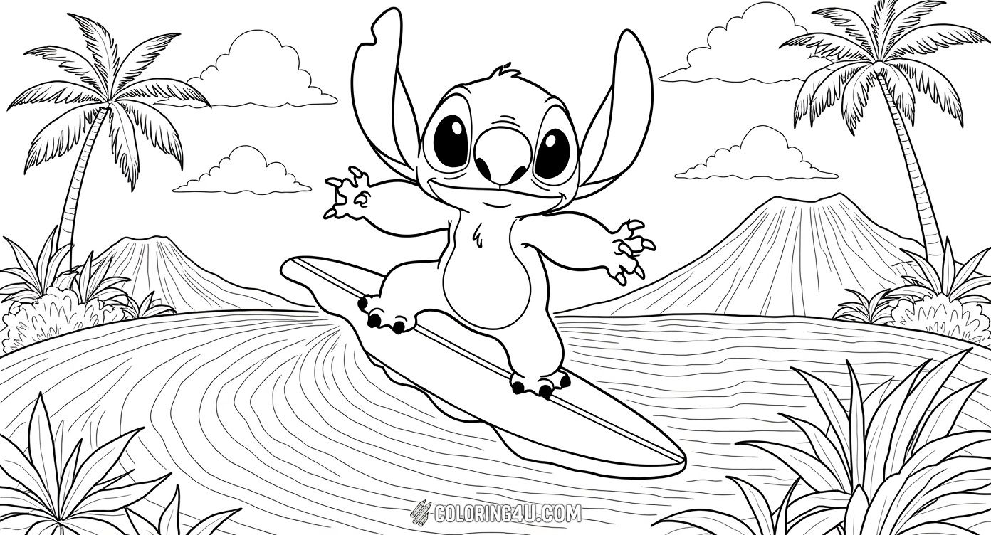Join Stitch as he rides a big, exciting wave on his surfboard in this fun coloring page! With a steaming volcano and beautiful tropical flowers in the background, this picture captures the adventurous spirit of Hawaii and the lovable character from the movie Lilo and Stitch. Kids will love bringing this action-packed scene to life with their favorite colors!