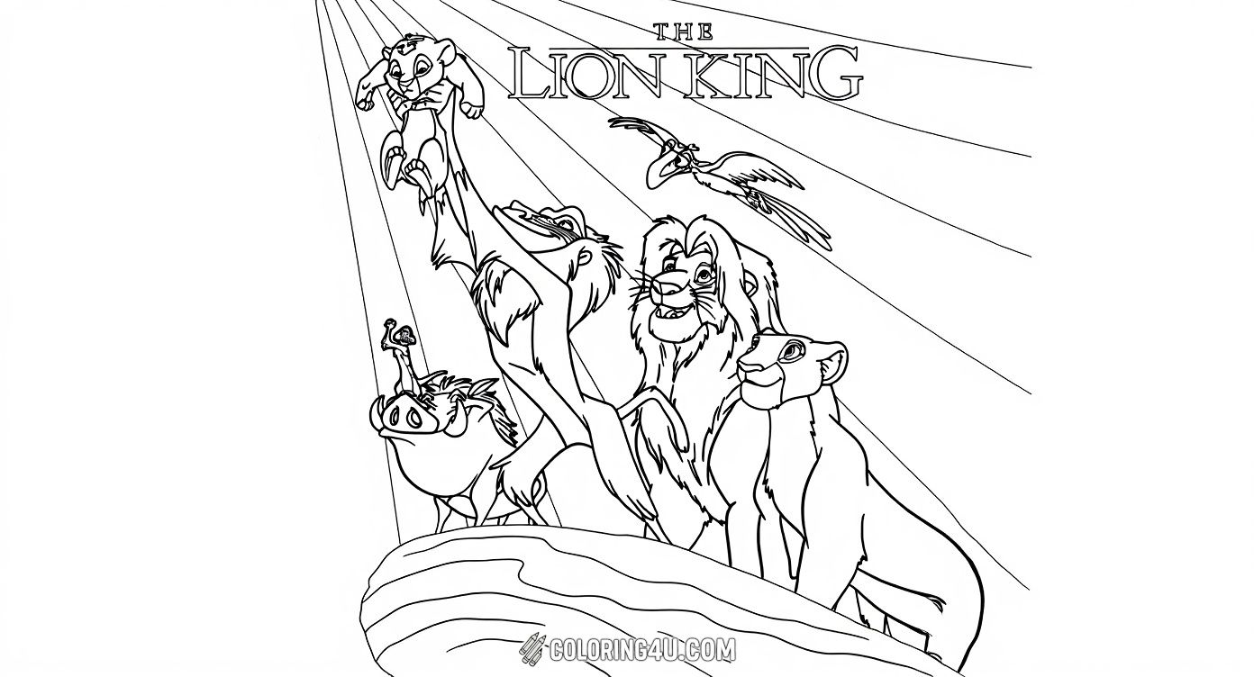 This delightful coloring page features Simba being proudly lifted in the iconic 'Circle of Life' moment from The Lion King, surrounded by his friends Timon, Pumbaa, Mufasa, Nala, and Zazu. It invites kids to bring to life this joyful scene with vibrant colors.