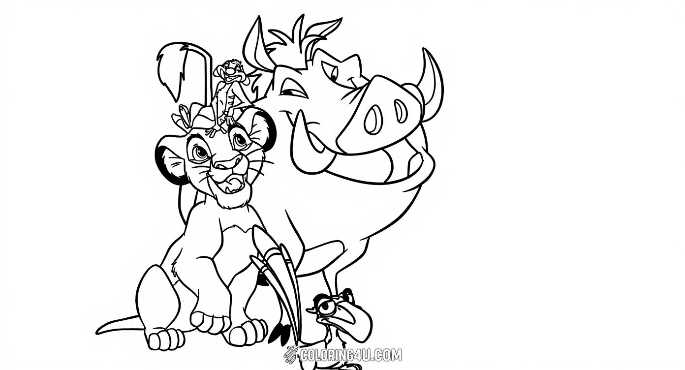 Join the fun with young Simba, Pumbaa, Timon, and Zazu in this cheerful Lion King coloring page. These friends are ready for an adventure, perfect for kids to color and imagine their own magical tales from the Pride Lands.
