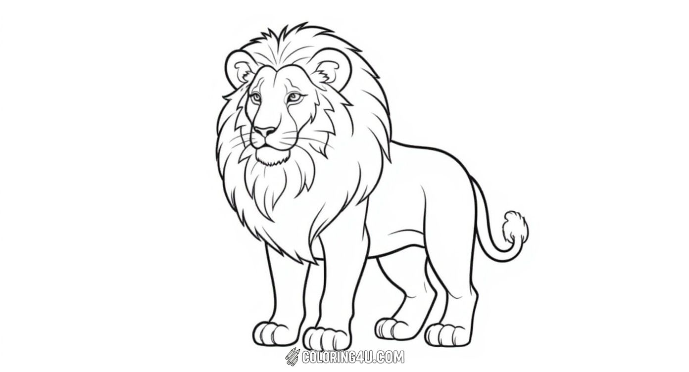 This coloring page features a majestic lion standing proudly, showcasing its beautiful mane and strong posture. Kids can have fun bringing this magnificent king of the jungle to life with their favorite colors.