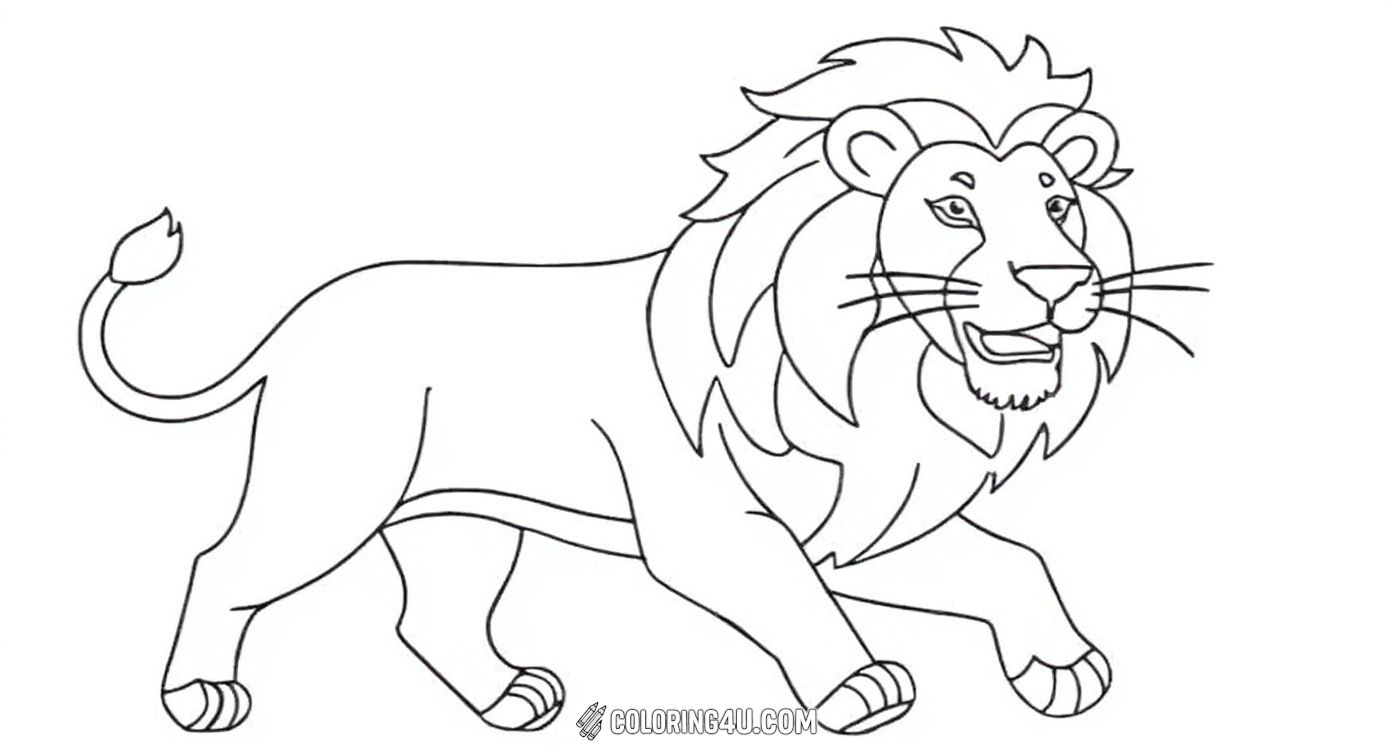 Enjoy coloring this friendly lion with a big smile as it walks happily across the page. The simple lines make it easy and enjoyable for kids to add bright colors and imagination to this cheerful lion.