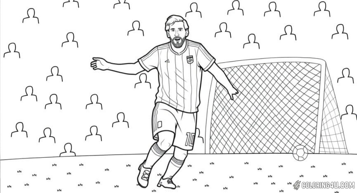 Here is a cool coloring page of Lionel Messi in his Argentina football kit pointing to the sky after scoring a goal. The background features a soccer goal and a crowd of spectators, making it exciting for kids to bring this sports moment to life.