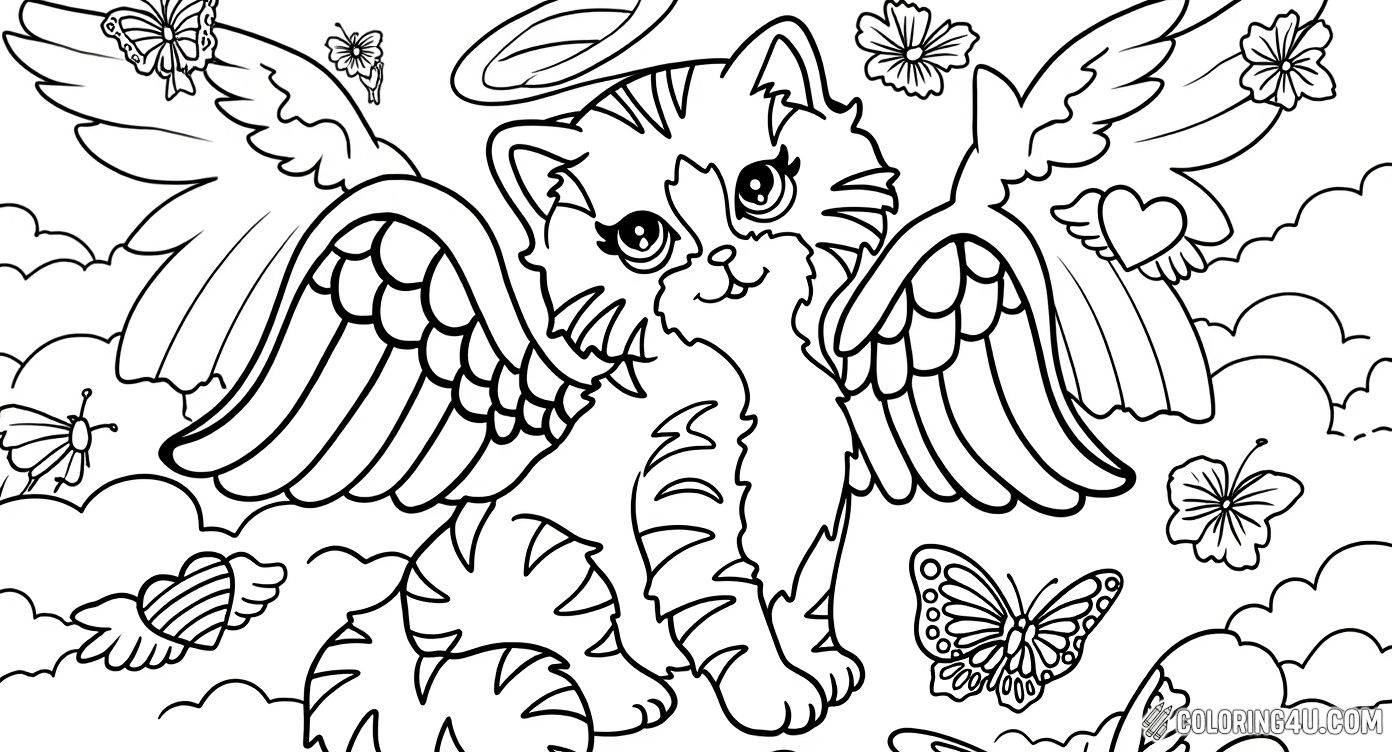 This sweet Lisa Frank coloring page shows an adorable angel cat with wings surrounded by fluttering butterflies and a bright rainbow. Kids will love coloring this magical scene full of hearts and clouds, creating a cheerful and heavenly atmosphere.