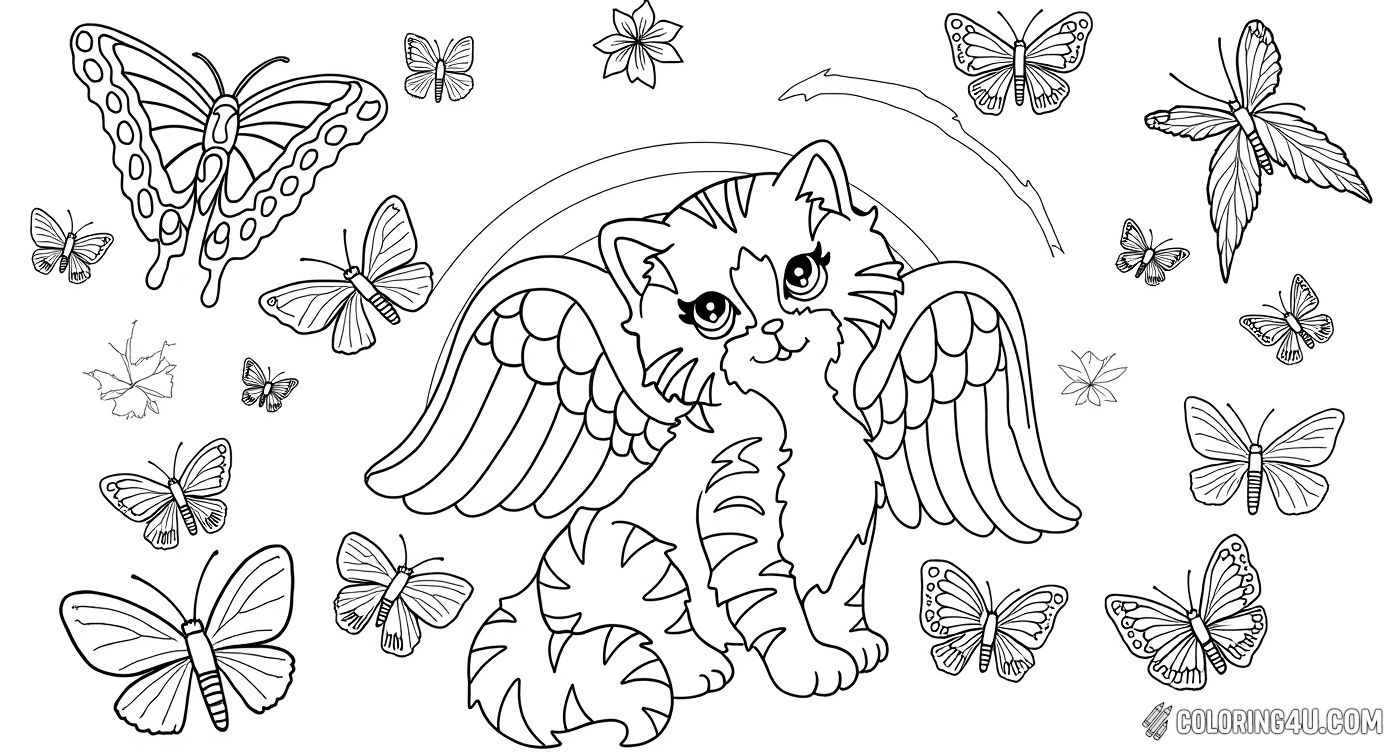 Color this adorable Lisa Frank page featuring a sweet angel kitten sitting on fluffy clouds with graceful butterflies fluttering around and a bright rainbow arching overhead. This magical scene is perfect for kids to bring to life with joyful and lively colors!