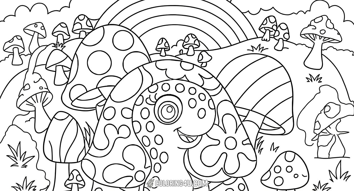 Color a groovy turtle covered in flower and polka dot patterns walking through a magical mushroom forest under a vibrant rainbow. This fun and cheerful scene is perfect for kids who love fantasy and nature, inviting them to fill it with joyful and vivid hues.