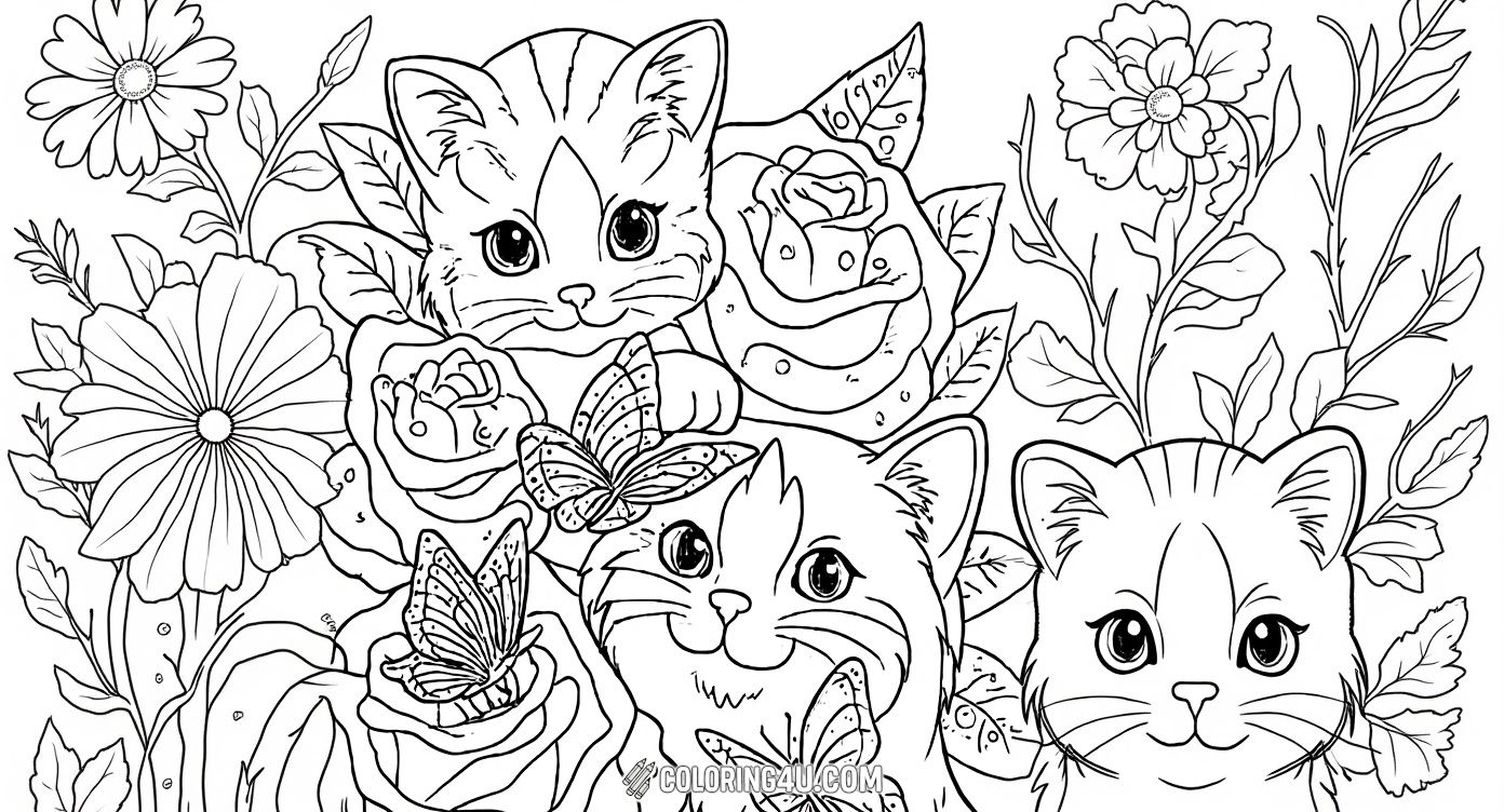 This adorable coloring page features two playful kittens surrounded by blooming flowers and fluttering butterflies. It invites kids to bring the charming scene to life with vibrant colors, capturing the joyful spirit of nature and kitten antics.