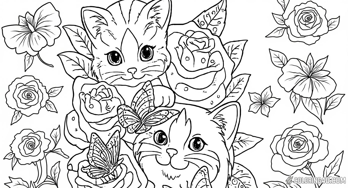 Dive into this charming Lisa Frank coloring page of two cute kittens surrounded by blooming roses and delicate butterflies. Kids will love adding vibrant colors to this delightful floral and feline scene full of warm and happy details.