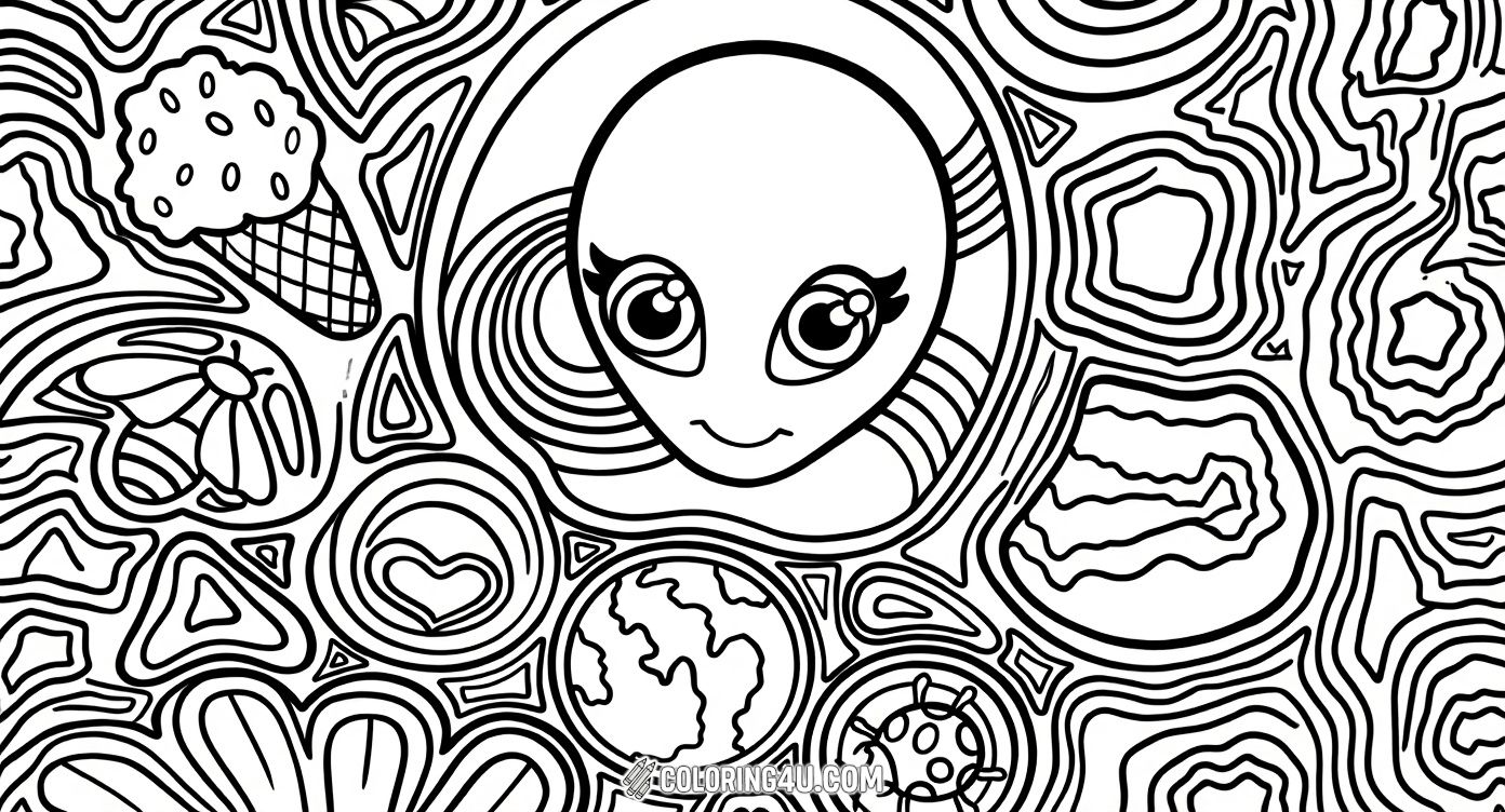 Dive into a whimsical world with this psychedelic-themed coloring page showcasing a friendly alien face amid swirling patterns, hearts, a smiling sun, and various playful shapes. This imaginative design encourages kids to explore creativity with bright and bold colors.