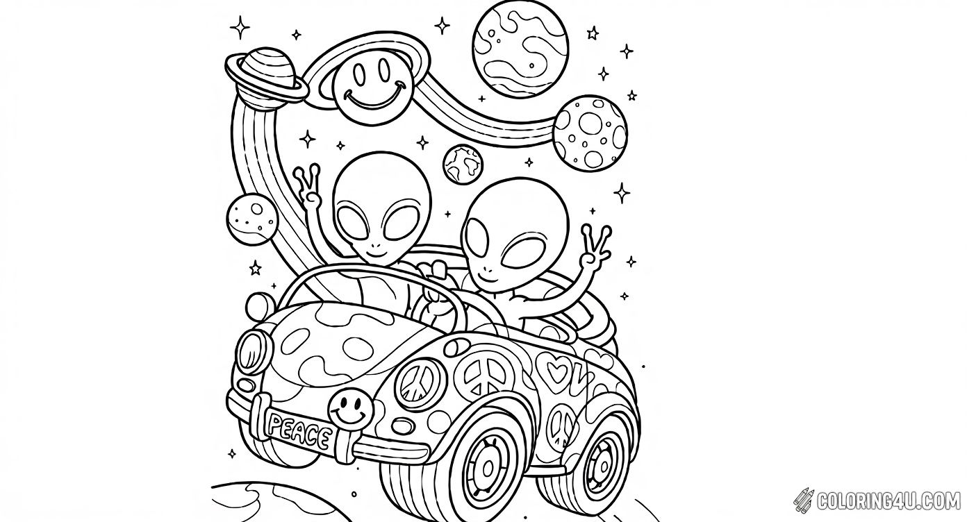 This fun Lisa Frank coloring page features Zorbit and Zoomer, two friendly aliens cruising in a peace-filled, smiley car through outer space. With whimsical planets, stars, and a rainbow, kids can enjoy bringing this joyful cosmic adventure to life with vibrant colors.