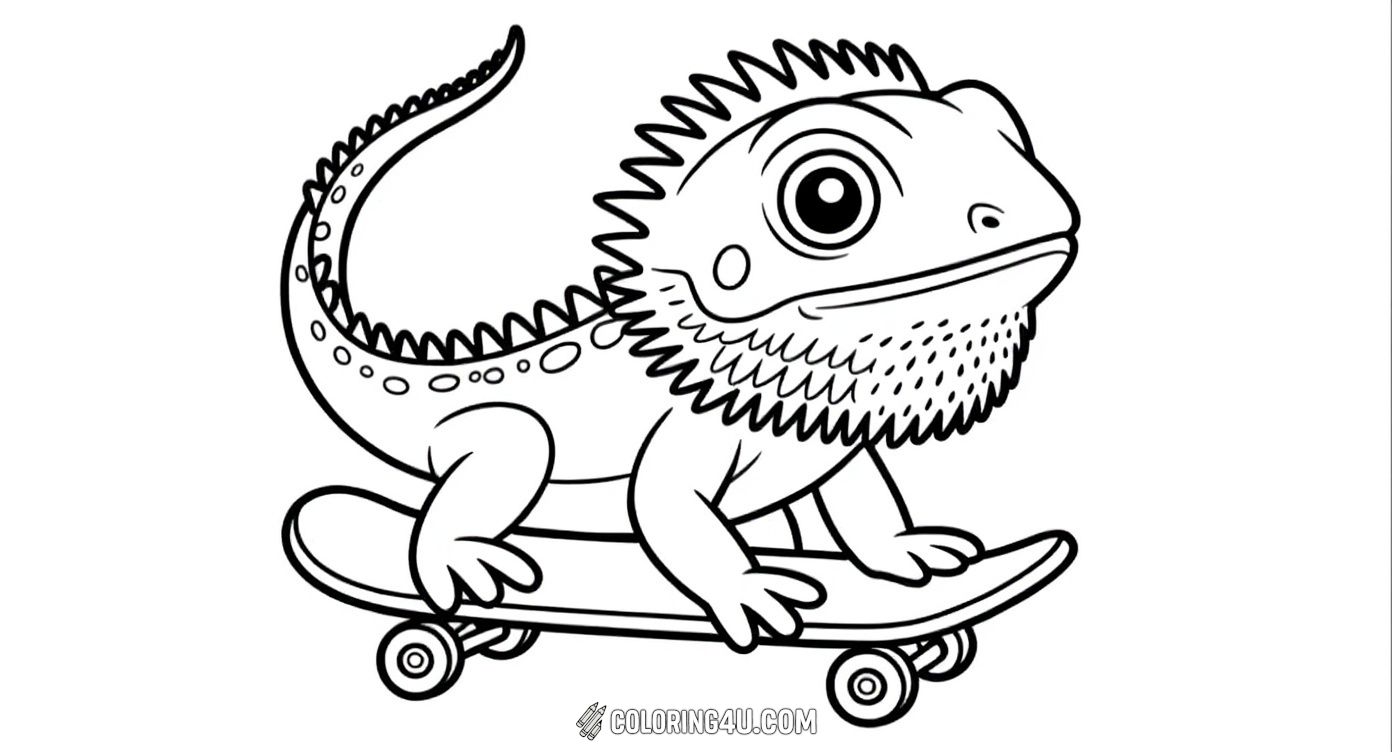 Get ready for some fun with this lively coloring page of a playful lizard riding a skateboard! With its spiky beard and happy eyes, this cool lizard is sure to inspire creativity and make coloring time exciting for kids of all ages.