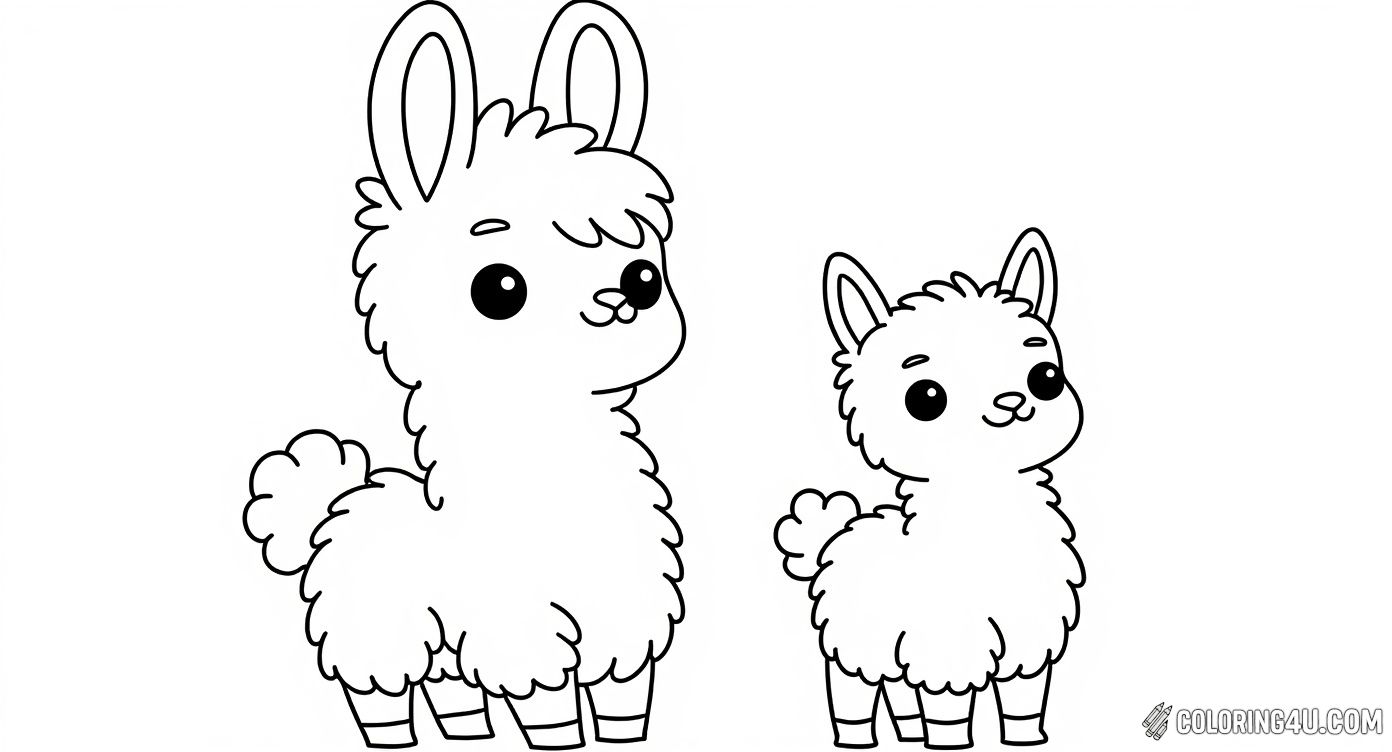 Color this charming cartoon momma llama along with her cute baby! This heartwarming scene encourages kids to explore warm and joyful colors as they create a lovely family portrait.