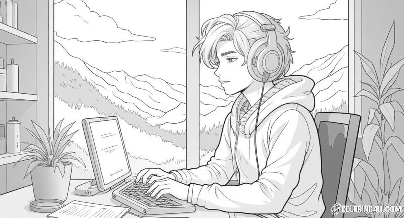 Boy Listens To Music Working With Mountain View