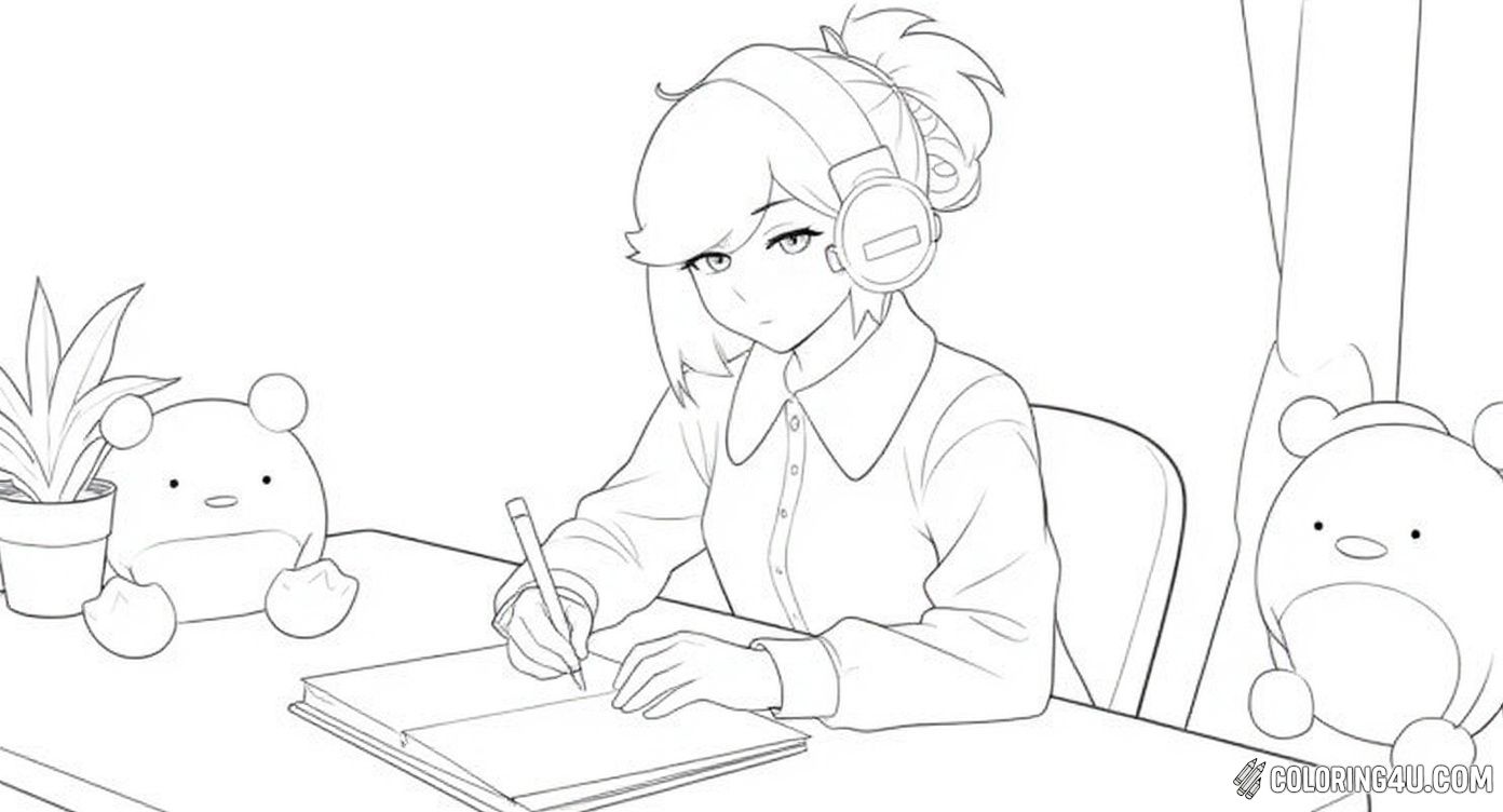 In this coloring scene, a focused girl wearing headphones is studying or drawing at her desk. Her room is cozy and filled with cute plush toys and books, creating a warm and inviting atmosphere. Kids can enjoy coloring the neat layout of the desk, the details of the shelves behind her, and the calm expression on her face as she concentrates on her work.