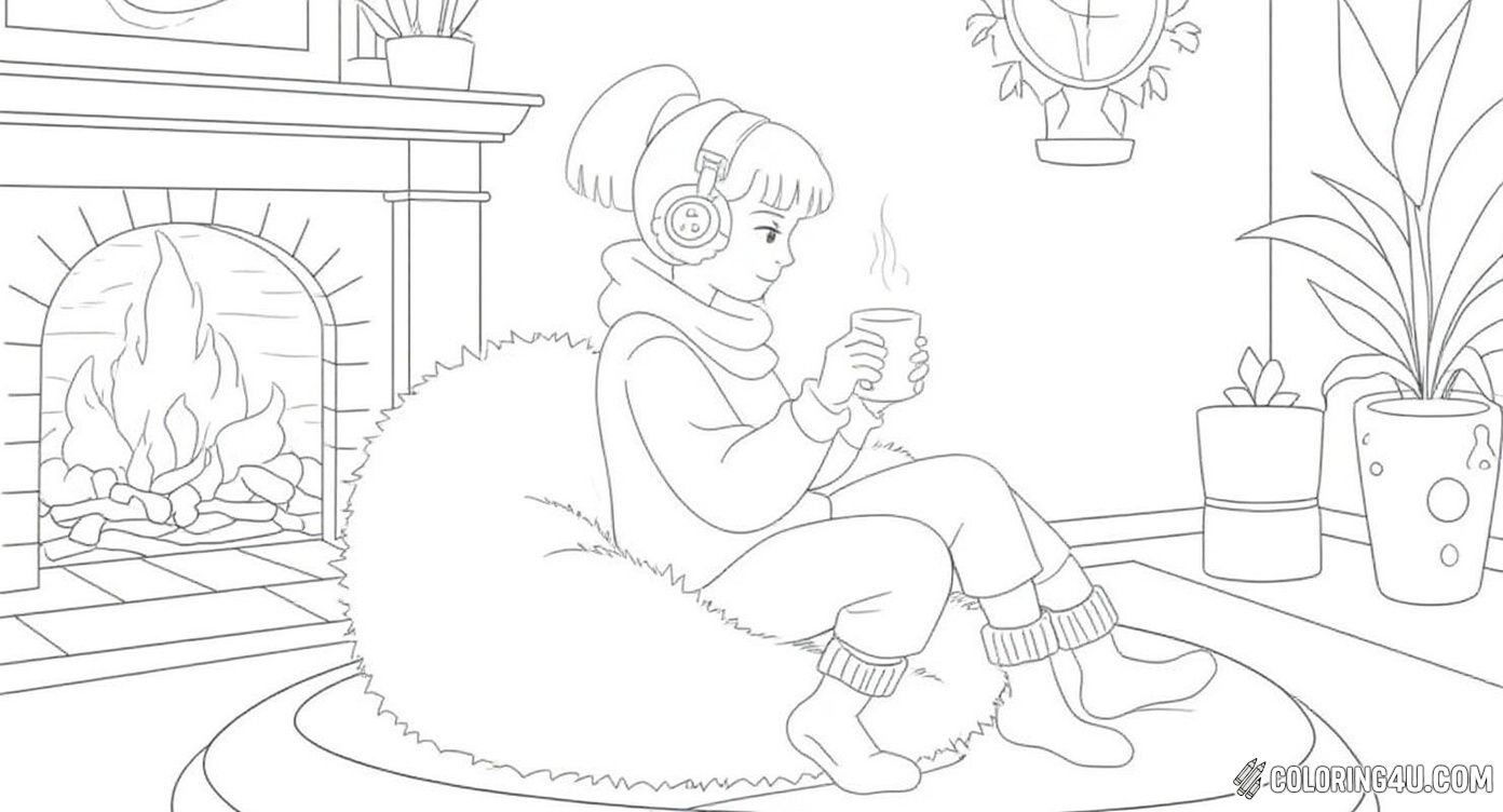 This warm and inviting coloring page shows a girl relaxing by the fireplace, wearing headphones and holding a steaming cup of her favorite drink. She is sitting comfortably on a fluffy beanbag, while a cat snoozes nearby. The room is full of plants and cute decorations, creating a perfect cozy atmosphere to color and enjoy a peaceful indoor scene.