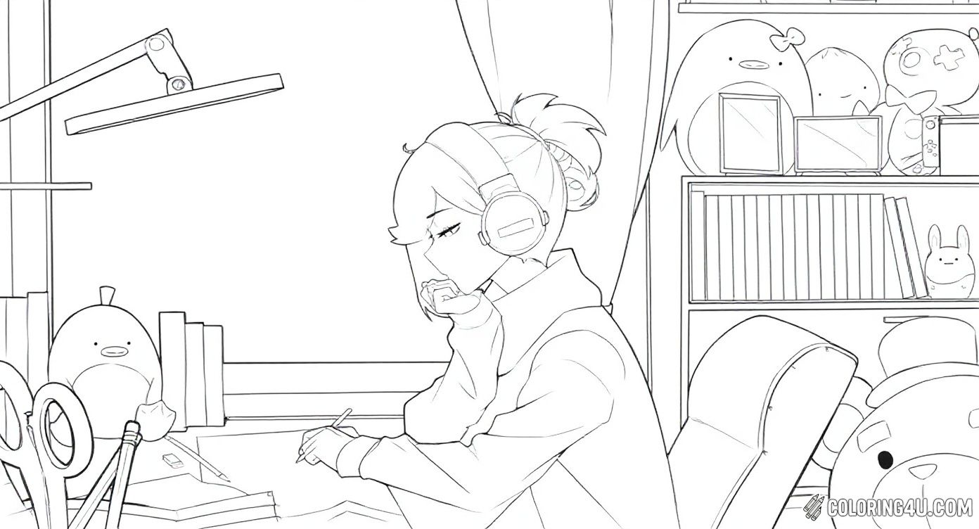 Here is a peaceful scene of a lofi girl sitting at her desk with headphones on, concentrating on her drawing or studying. The room is filled with fun and cute items like plush toys, books, and art supplies, making it a perfect place for creativity and calm. Kids can bring this quiet moment to life with colors and imagination.