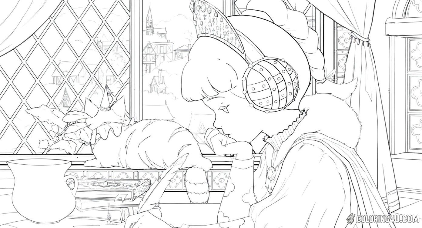 This cozy coloring page shows a girl wearing big headphones and a warm hat, deeply focused on writing in her notebook. A fluffy cat naps peacefully on the windowsill, while outside the window, you can spot charming rooftops and church steeples. It's a perfect scene to color and imagine peaceful, creative afternoons indoors.