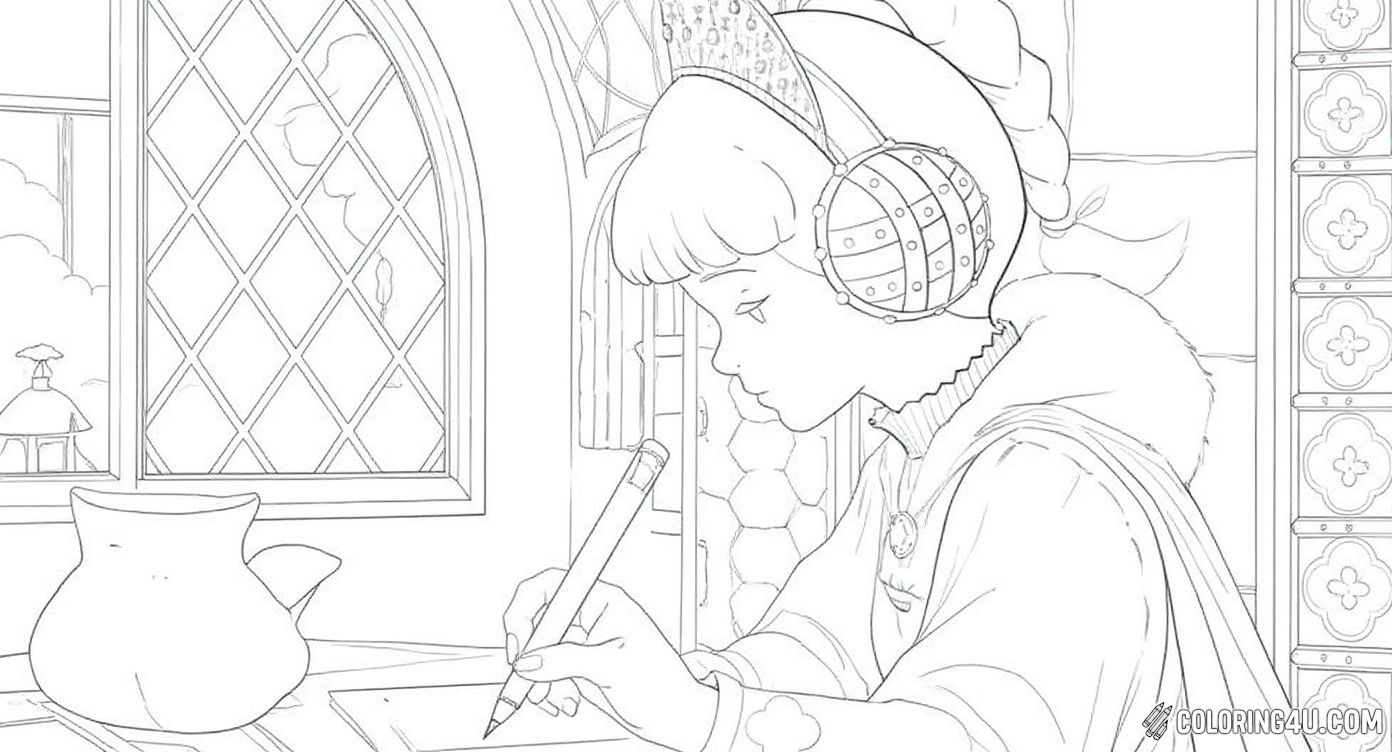 This delightful coloring page shows a young girl dressed in medieval clothes, thoughtfully writing with a quill at her desk. A fluffy cat naps peacefully on the windowsill beside her, while through the window, a charming village with towers and houses can be seen. Kids will enjoy bringing this cozy and creative moment to life with colors!