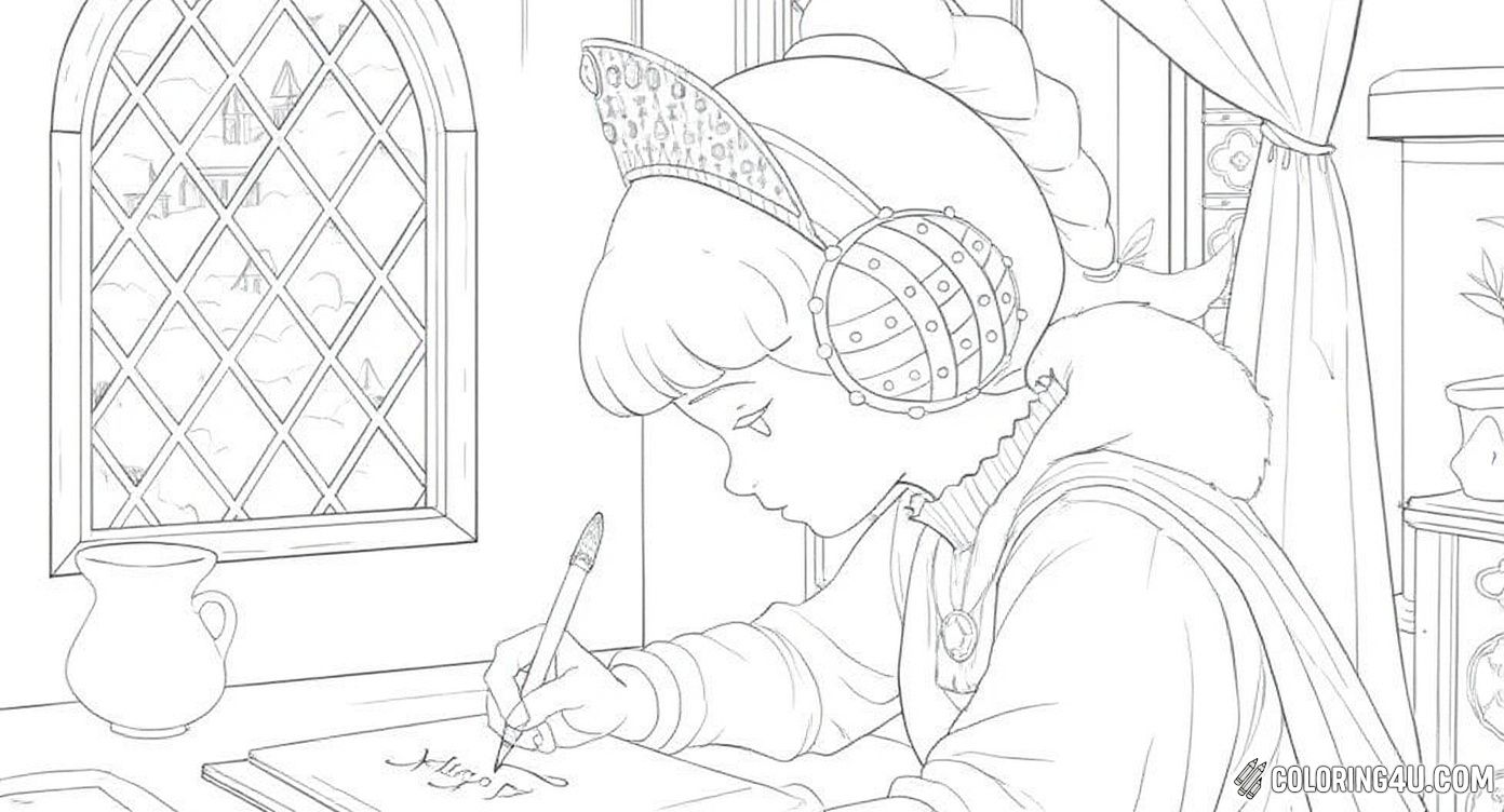 This coloring page shows a young girl dressed in medieval clothing, wearing large earmuffs and a headpiece. She sits thoughtfully at a desk, writing with a quill pen. Beside her, a cozy cat naps on the windowsill. Outside the window, a charming village with quaint houses and towers can be seen, inviting kids to color a lovely storybook scene full of imagination and calm.