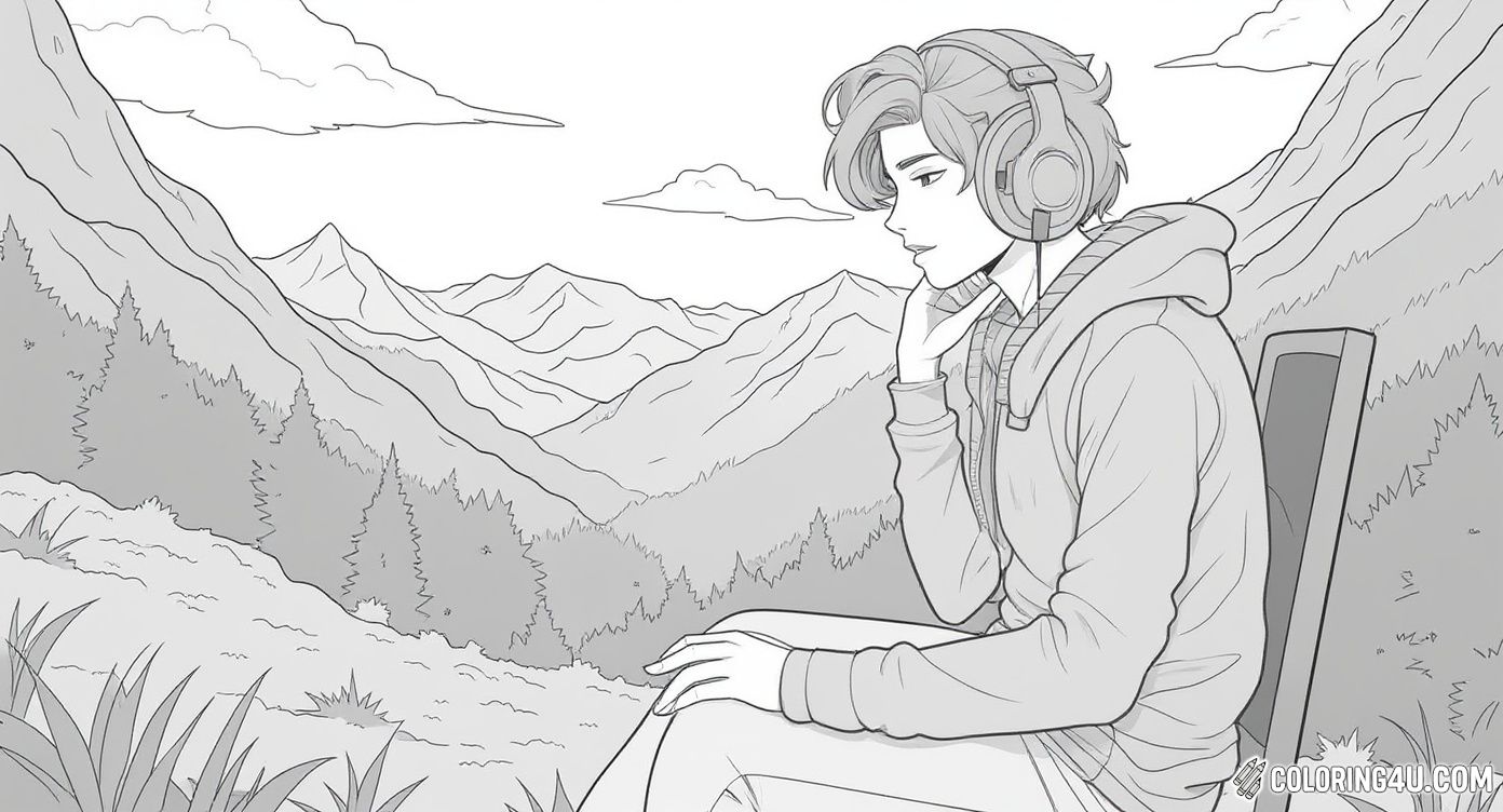 This coloring page features a young person sitting calmly on a chair by a desk, wearing a hoodie and large headphones. They seem to be listening to music or relaxing while gazing out at a breathtaking view of mountains through a large window. The scene combines peaceful nature with a modern vibe, perfect for kids who love both outdoor scenery and cozy indoor moments.