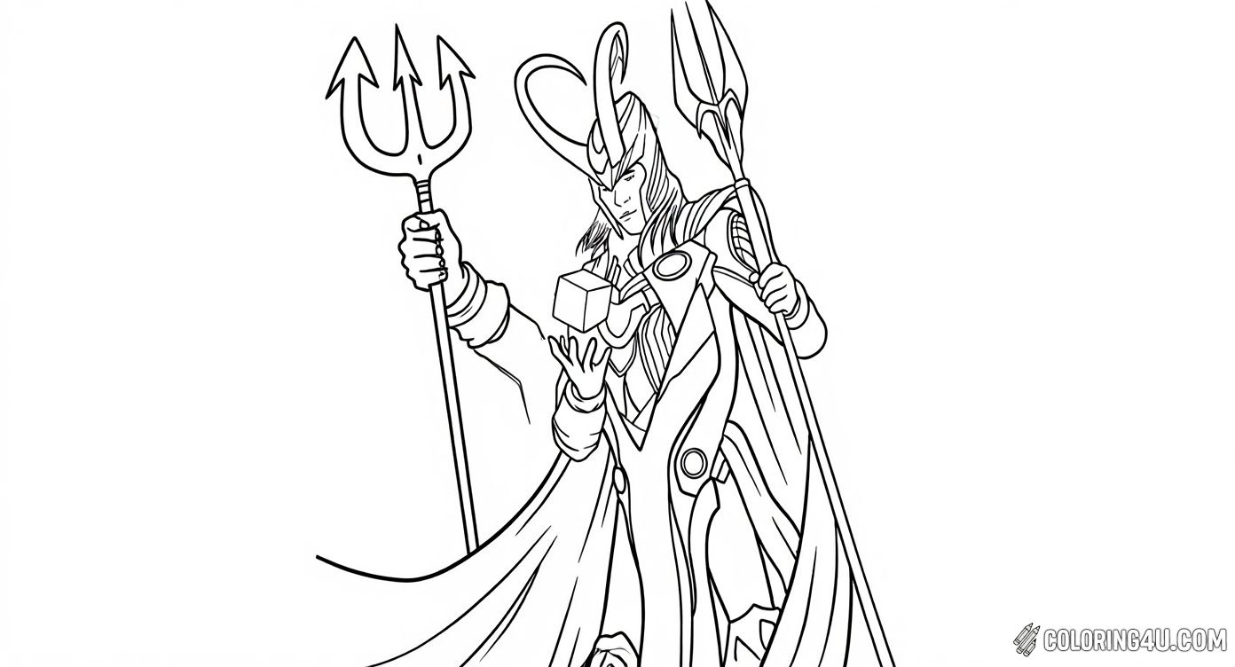 This dynamic coloring page shows Loki in action, gripping a powerful cube and wielding a trident while surrounded by striking lightning bolts. With his flowing cape and armored outfit, Loki looks like a magical warrior ready to use his supernatural powers. Kids will love adding color to this vivid and energetic scene.