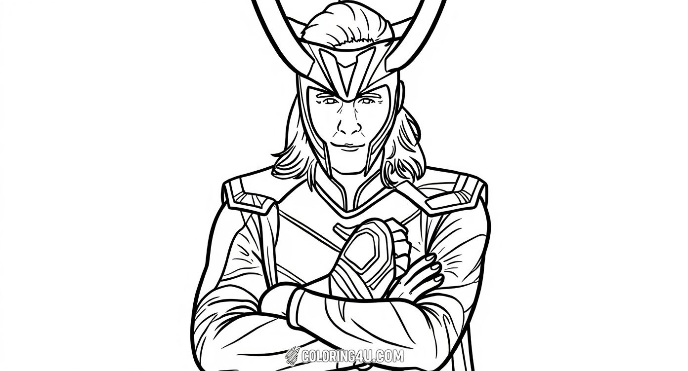 Color the striking portrait of Loki wearing his iconic horned helmet and armored suit, standing with crossed arms and a confident smile. This wonderful coloring page invites kids to dive into the magical realm of the Marvel Loki, full of adventure and excitement.