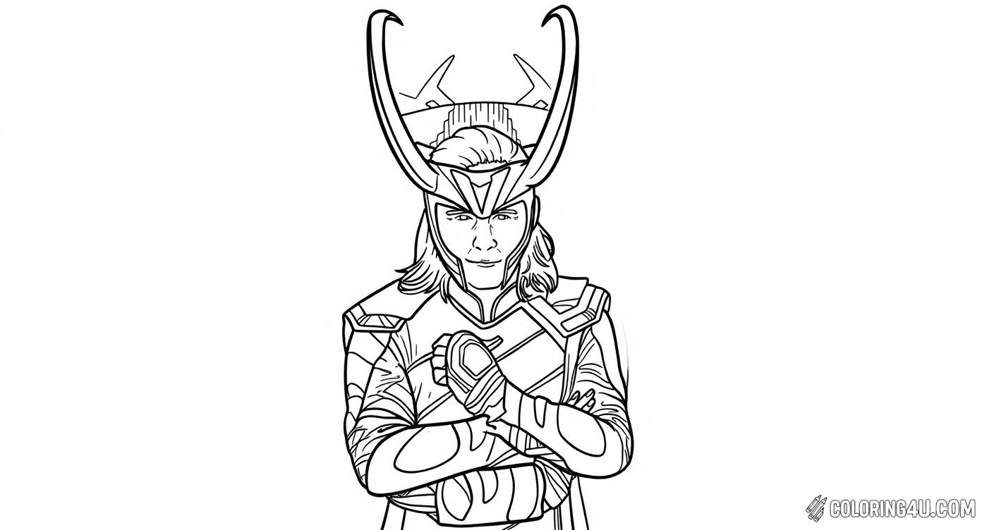 This coloring page features Loki, the mischievous Norse god from the Marvel universe, wearing his iconic horned helmet and a confident smile. His arms are crossed, showing his bold and clever personality. Kids can enjoy bringing to life his detailed armor and the magical backdrop behind him.
