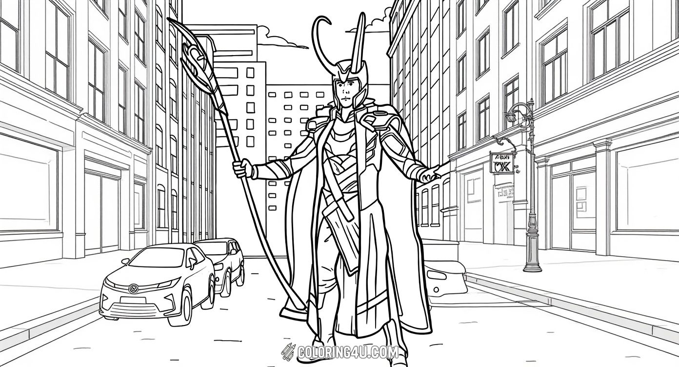 This fun coloring page features Loki, the mischievous Norse god of trickery, standing confidently in a busy city street holding his magical staff. Kids can bring this heroic character to life with vibrant colors as they explore the powerful and mysterious world of Loki!