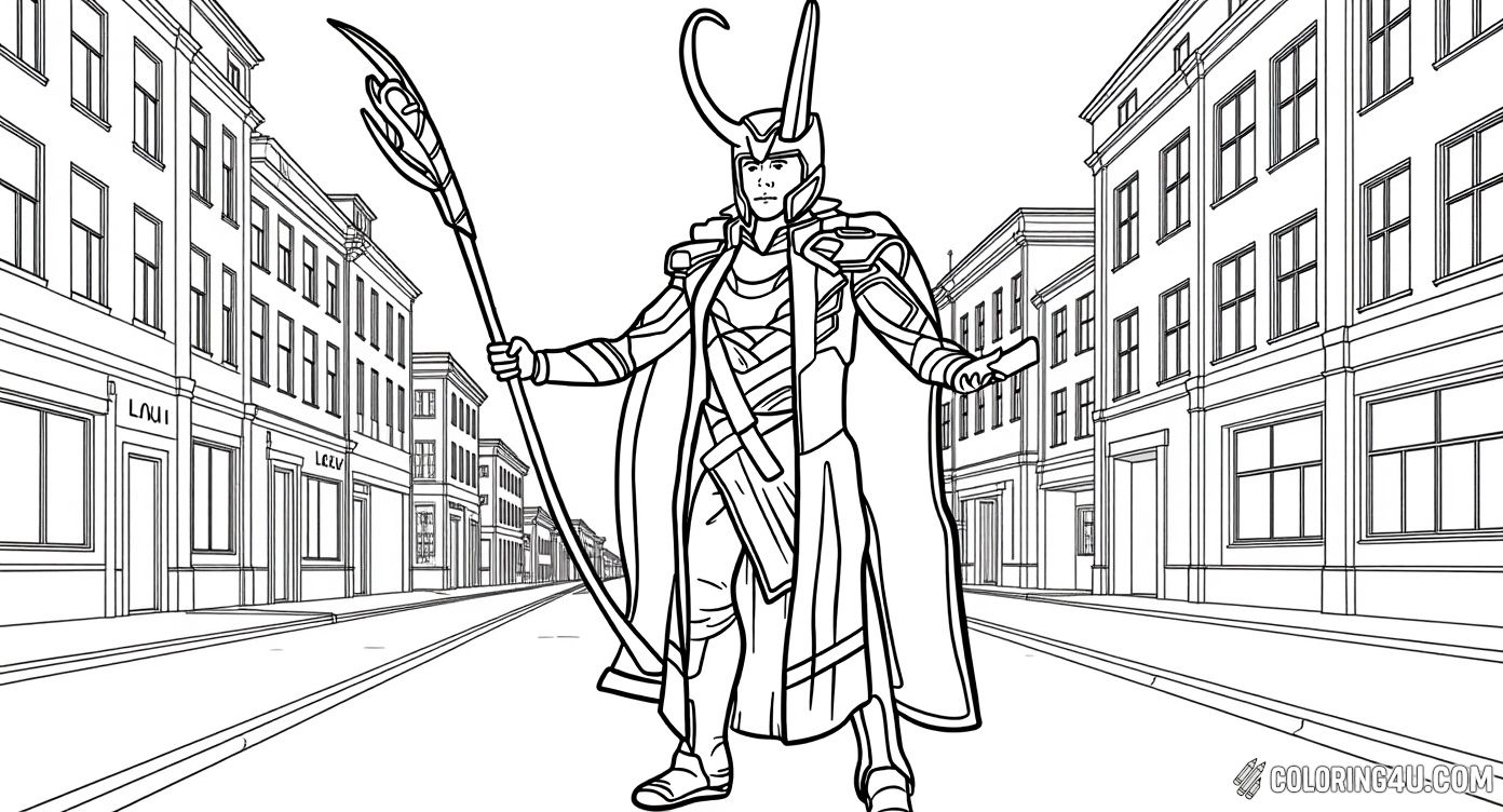 Bring this cool image of Loki standing confidently in a city street holding his powerful scepter to life with your colors. Kids can enjoy adding details to his elaborate outfit and the urban background, imagining his magical adventures in the human world.