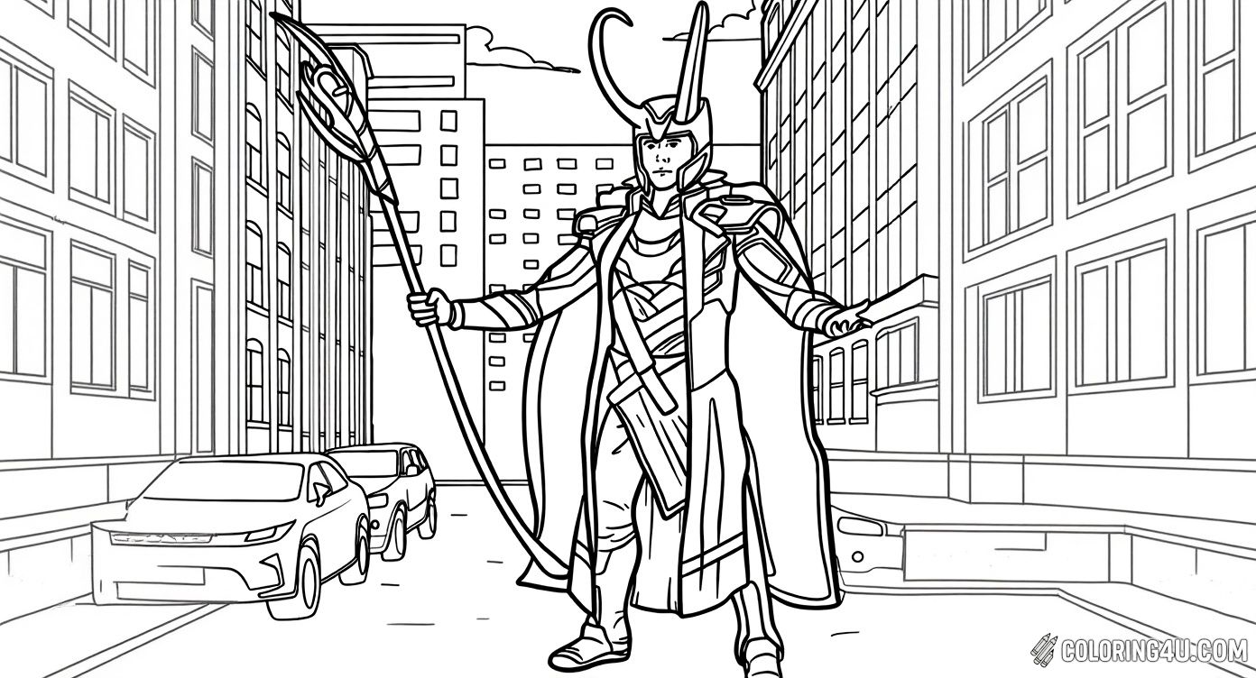 In this exciting coloring page, Loki stands tall in a city street, holding his magical staff. Dressed in his signature armor and horned helmet, Loki appears ready for adventure in the modern world. Children can have fun coloring the buildings, cars, and Loki's detailed costume.