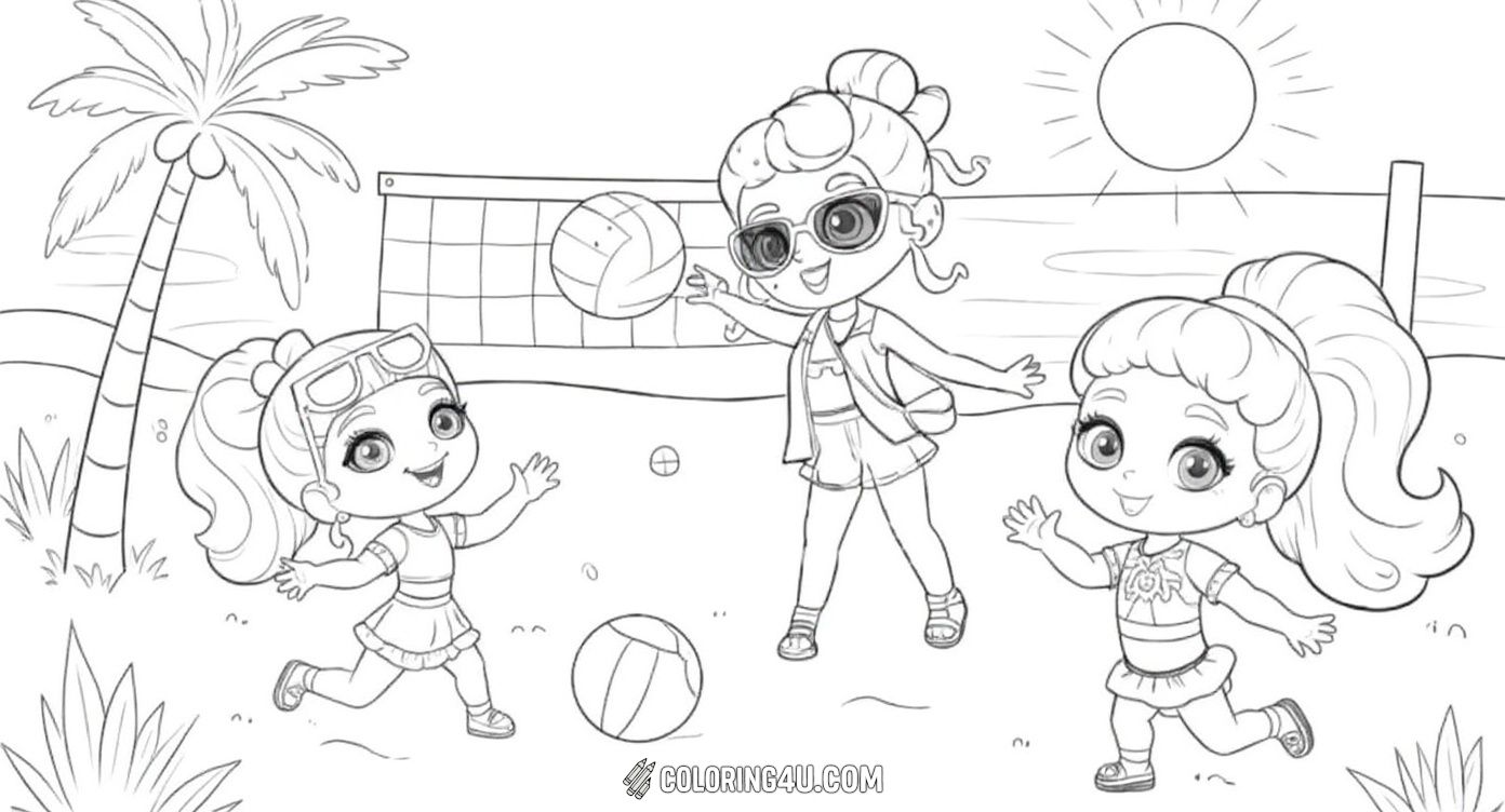 Get ready for some sunny fun with this exciting coloring sheet showing LOL Surprise dolls enjoying a beach day. The dolls are playing volleyball next to palm trees and bright sunshine, with refreshing drinks and beach toys around them. Kids will love coloring this lively scene filled with friendship and summer vibes!