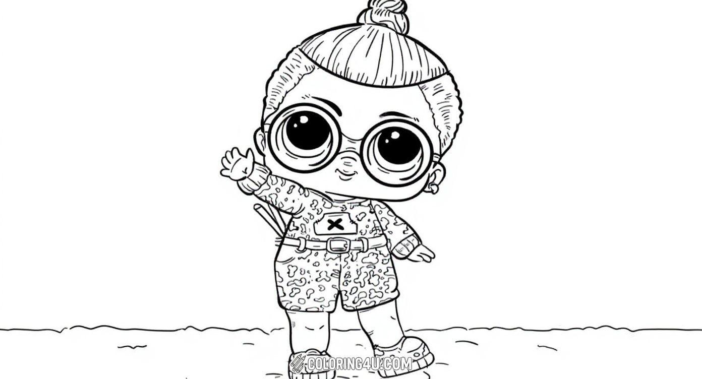 This cute LOL Surprise doll is wearing a camouflage outfit and big round glasses, waving hello with a happy smile. The background shows fluffy clouds, making it an exciting scene for kids to bring to life with colors and create their own story.