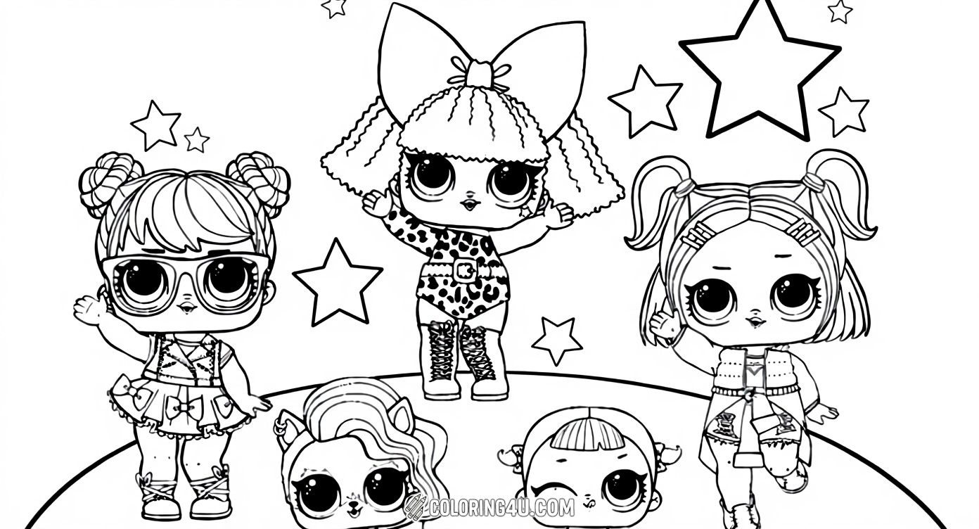 This fun coloring page features five adorable LOL Surprise dolls and pets standing under a sky filled with stars. Kids can bring these cute characters to life by adding vibrant colors to their unique outfits and playful expressions. It's a perfect activity for fans of LOL Surprise who love imaginative and creative play.