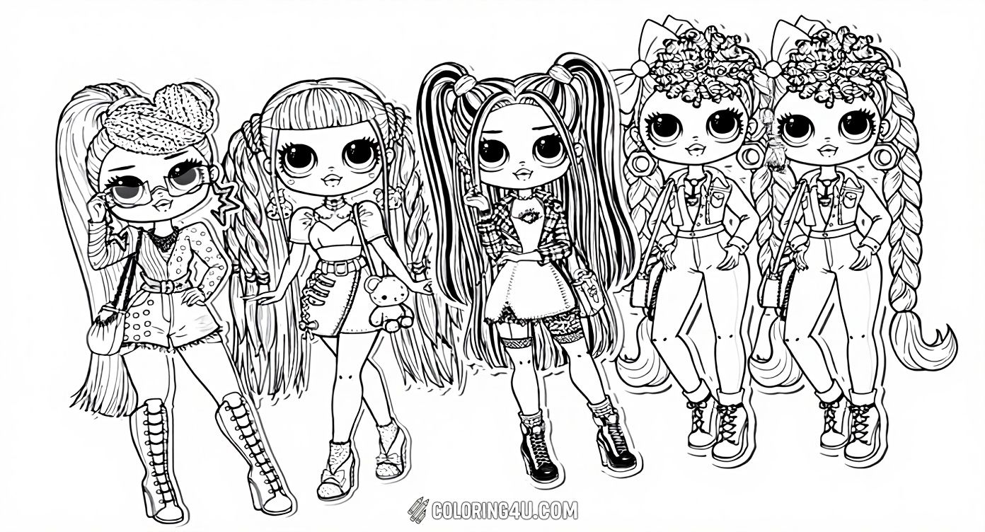 This fun coloring page features four stylish LOL Surprise dolls standing confidently together. Each doll has unique hairstyles, cute outfits, and expressive big eyes, offering lots of creative coloring possibilities for kids who love fashion and friendship!