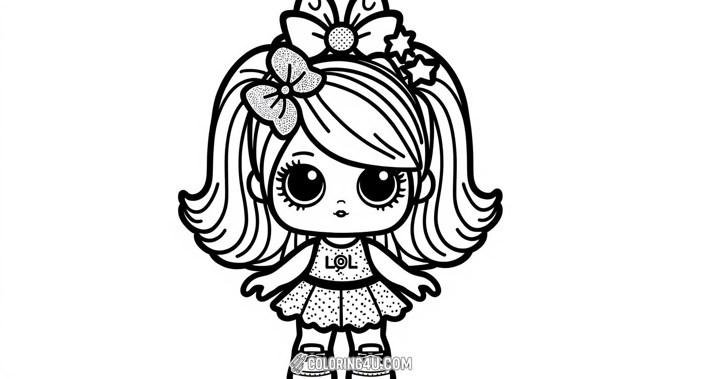 This charming coloring page showcases a single LOL Surprise doll with big eyes, a bow in her hair, and a cute outfit featuring the 'LOL' logo. Surrounding her are playful stars and fun shapes waiting to be colored. This page invites kids to use their imagination to create a unique and colorful character.
