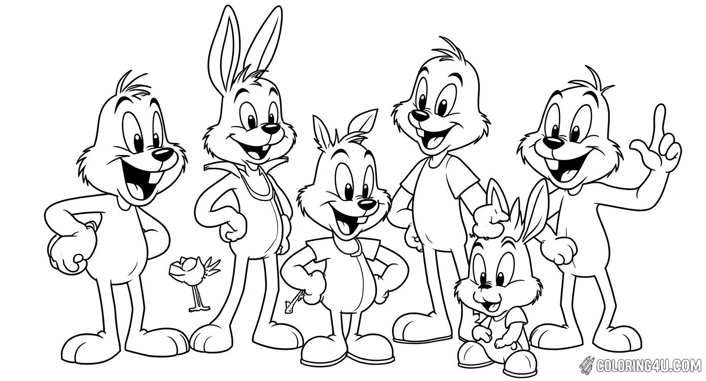 Join the fun with this exciting Looney Tunes coloring page featuring your favorite characters! Bugs Bunny, Daffy Duck, Tweety Bird, Sylvester, Road Runner, and Wile E. Coyote all pose together, ready for you to bring them to life with vibrant colors. Perfect for kids who love classic cartoons and want to immerse themselves in the whimsical world of Looney Tunes.