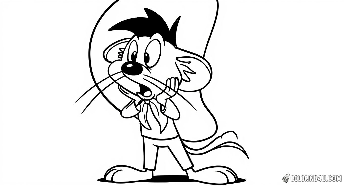 Get ready to color the fastest mouse in all of Mexico, Speedy Gonzales! This energetic mouse is captured in a lively pose with his iconic big sombrero and excited expression, alongside the playful phrase 'Andale Andale.' Kids will enjoy brightening up this classic Looney Tunes character in this adorable coloring page full of fun and energy.