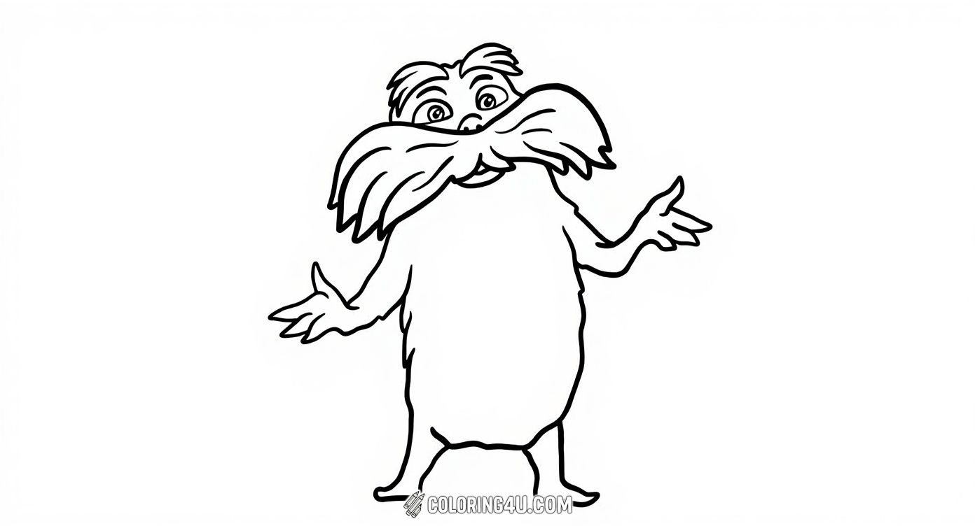 Meet the lovable Lorax standing with open arms and a cheerful expression, ready to be colored in bright hues. This simple and joyful coloring page is perfect for kids to have fun while connecting with the iconic character from Dr. Seuss's beloved story about protecting the environment.