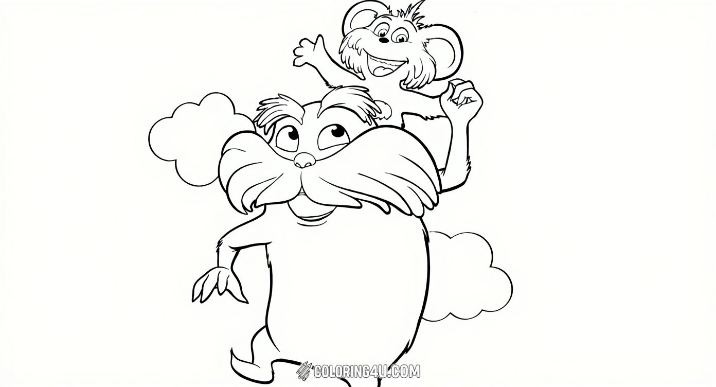 Color the cheerful Lorax as he joyfully carries a small, happy creature on his shoulder under a bright sky with fluffy clouds. This delightful scene from the world of Dr. Seuss invites kids to express their creativity while celebrating friendship and caring for nature.