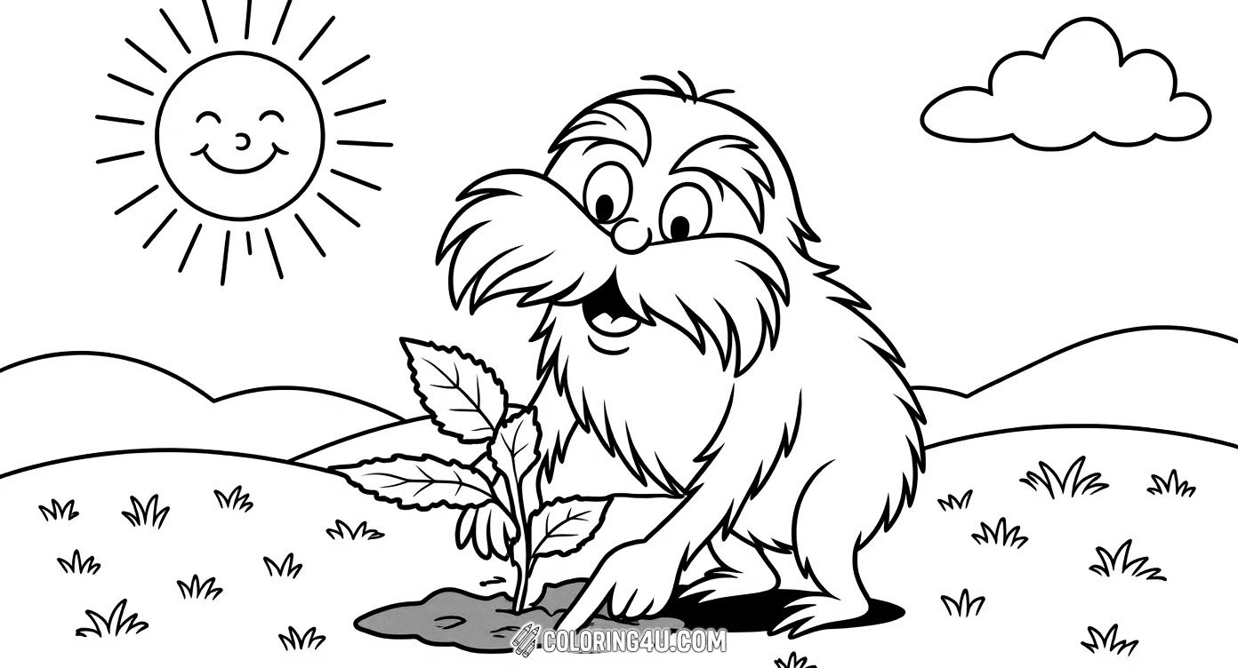 In this charming coloring page, the Lorax is carefully planting a tiny seed in a field of flowers under a bright, smiling sun. Children will love coloring the happy scene and imagining how this small seed will grow into one of the famous Truffula trees, making the world a greener place.