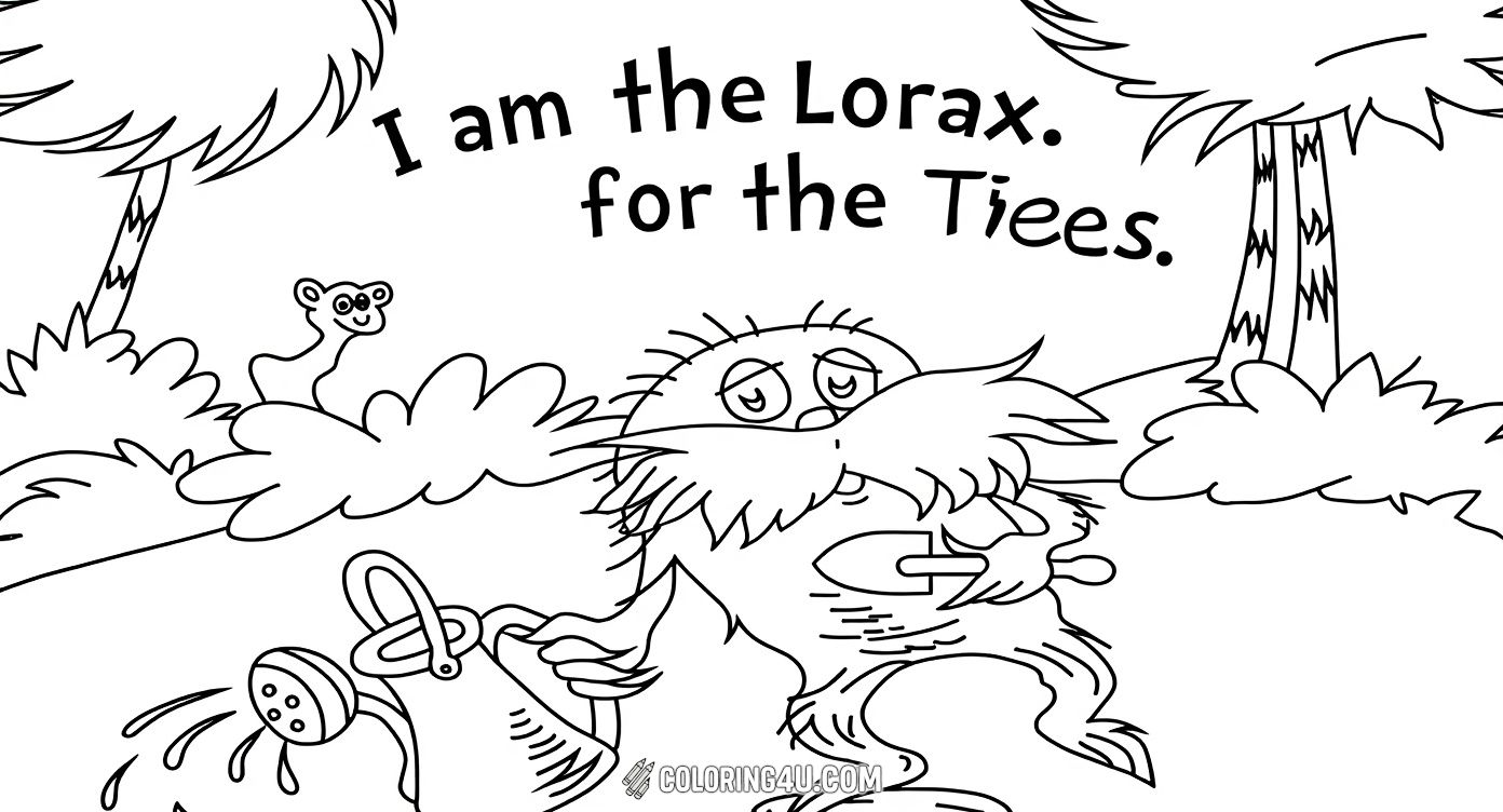 Join the Lorax, the forest guardian, as he stands on a tree stump with a watering can and garden tool, caring for the environment. This coloring page invites young artists to bring to life the message 'I am the Lorax. I speak for the trees,' encouraging a love for nature and responsibility to protect it.