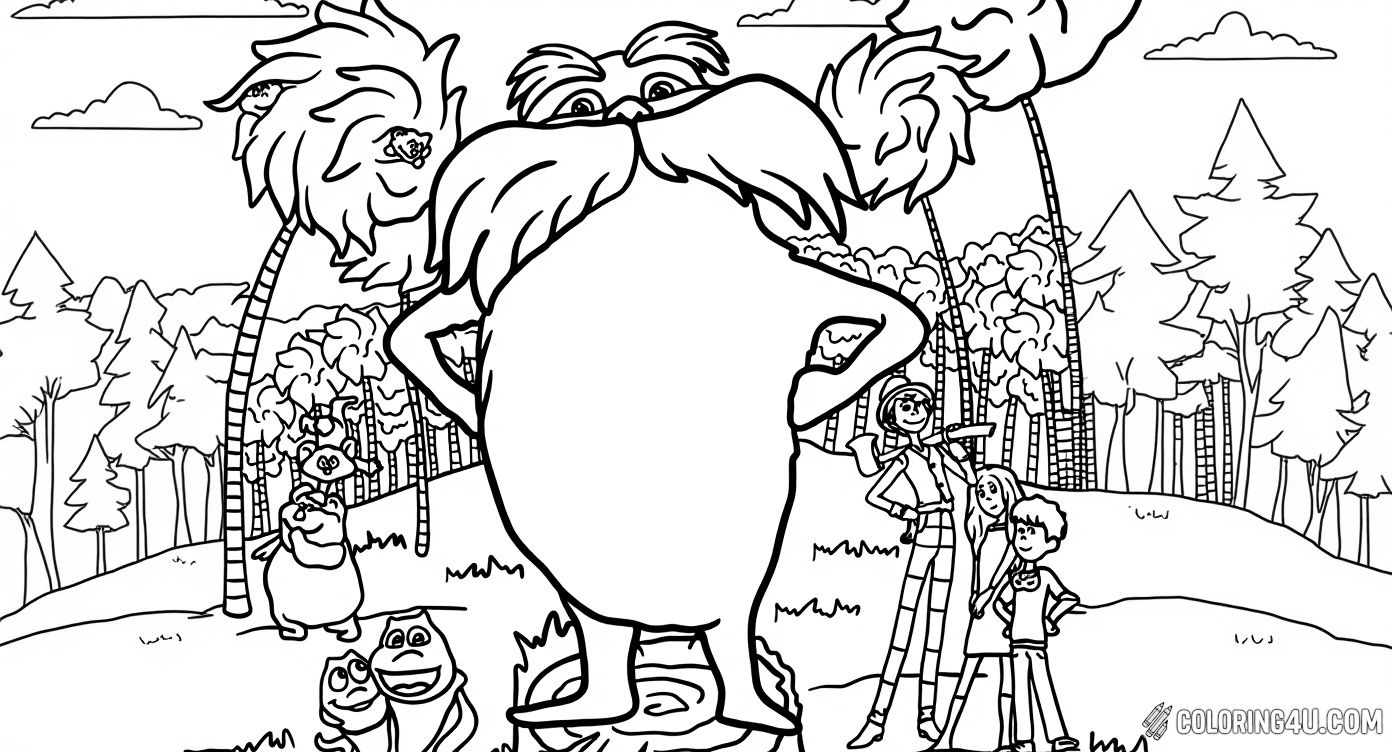 This fun coloring page features the Lorax standing proudly on a tree stump in a forest surrounded by whimsical trees and happy forest animals. Kids will love bringing this magical scene to life with vibrant colors while exploring the world of Dr. Seuss’ beloved character who cares deeply about nature.