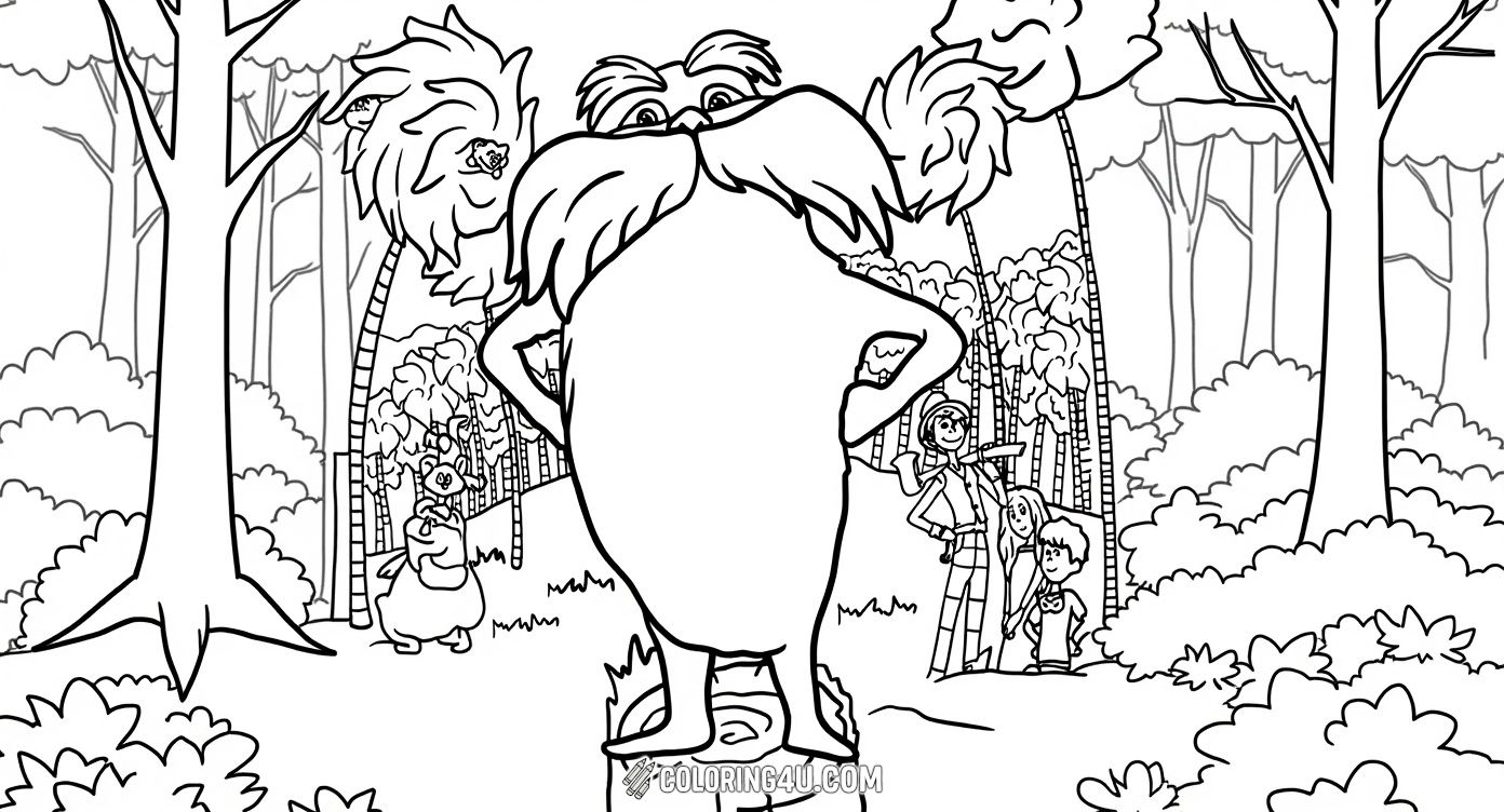 This delightful coloring page features the Lorax standing proudly on a tree stump, surrounded by the beautiful Truffula trees and happy creatures from the story. Kids can enjoy bringing this fun scene to life with vibrant colors while celebrating the Lorax's role as the guardian of the forest.
