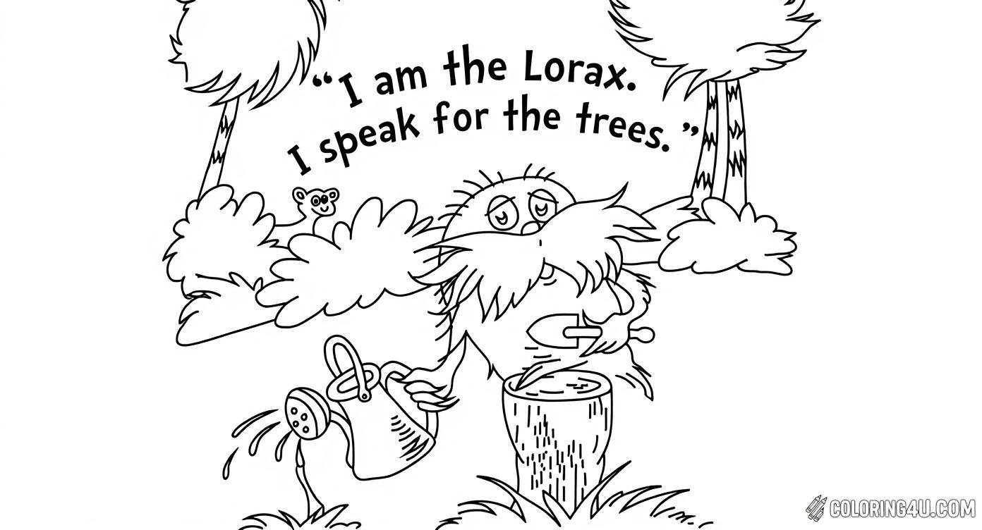 Kids can color the Lorax watering a small tree on this charming page that includes the famous phrase, 'I am the Lorax. I speak for the trees.' It’s a perfect activity to inspire children about protecting nature and the important message of caring for the environment while enjoying an adorable character from Dr. Seuss.