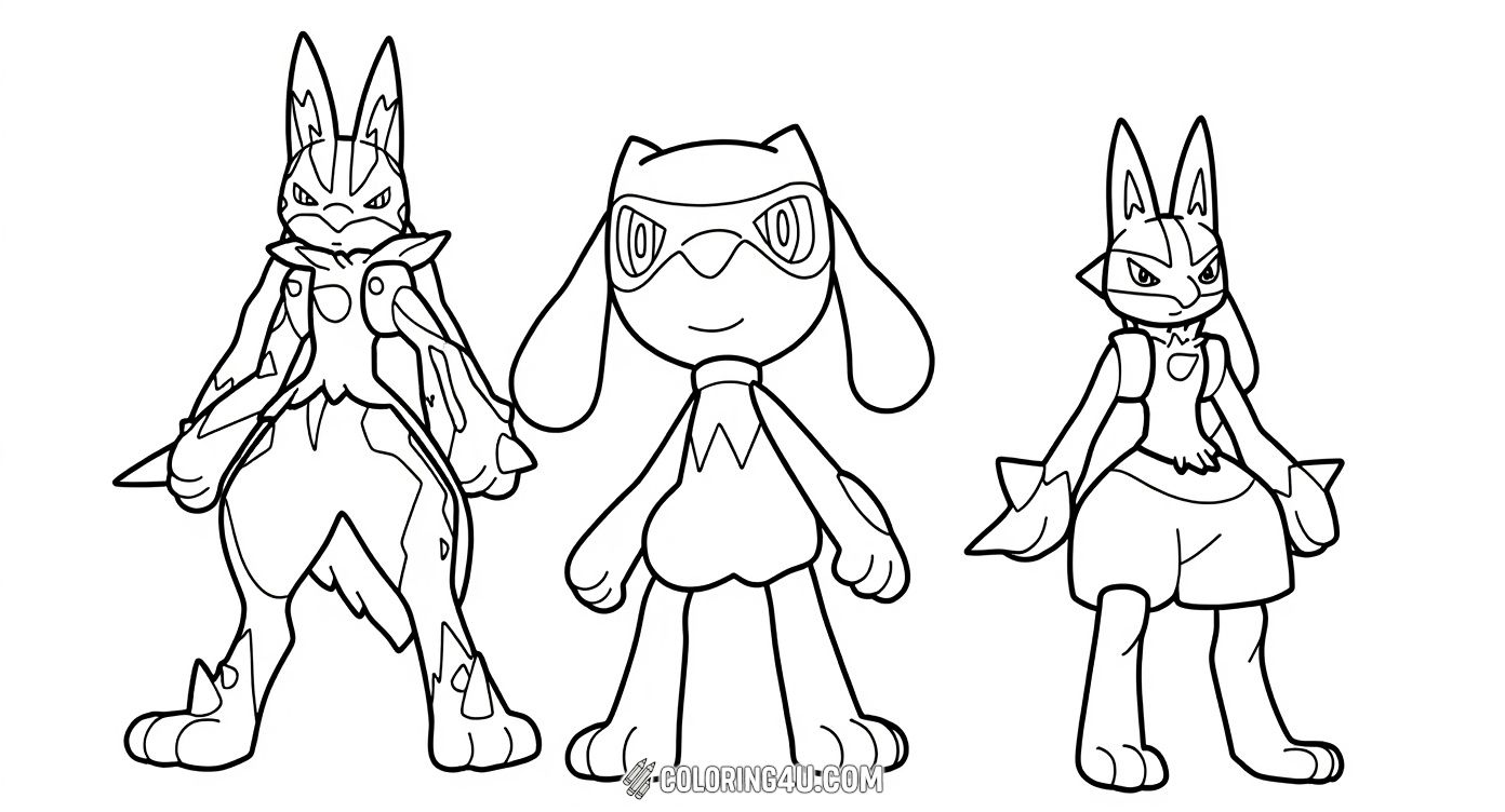 Color the evolution stages of Lucario’s family in this fun Pokémon-themed coloring page! Featuring Riolu, Lucario, and Mega Lucario standing proudly under the Pokémon logo, it’s a perfect choice for kids who want to explore the progression of these amazing characters.