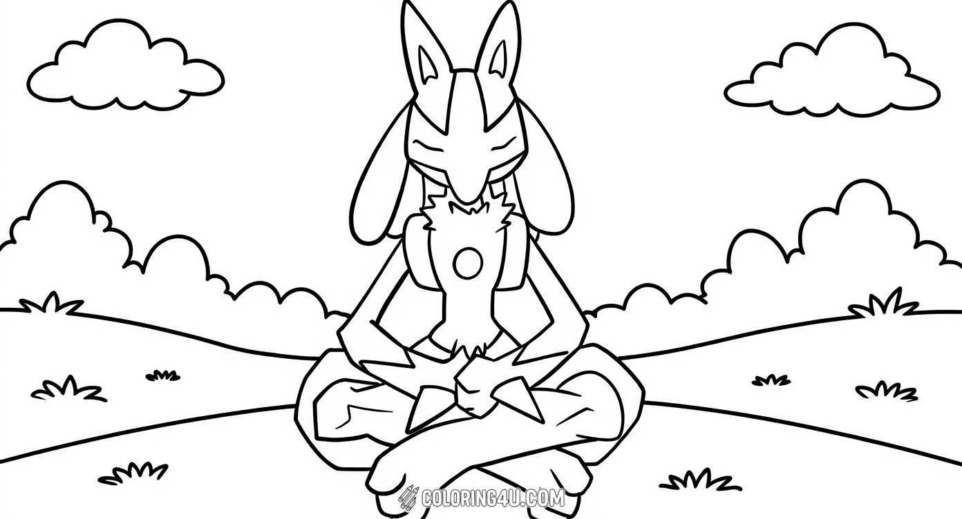 This peaceful and calming coloring page shows Lucario in a meditative pose, levitating with eyes closed against a simple sky with fluffy clouds. It invites kids to explore a serene side of this strong Pokémon, perfect for a relaxing and mindful coloring experience.